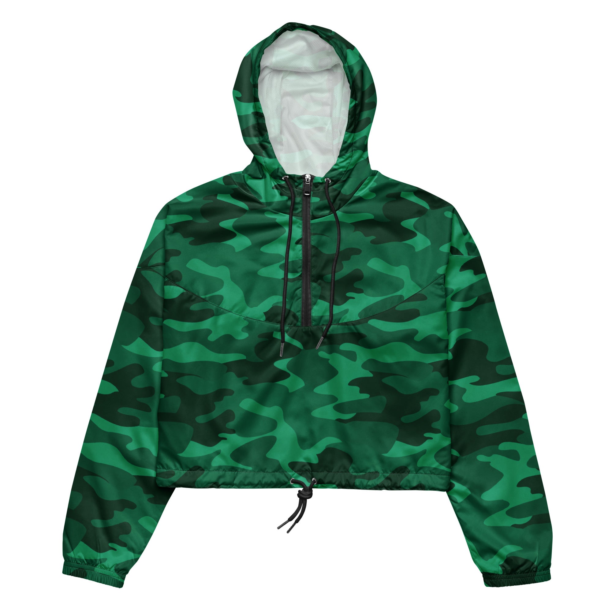 Women’s green camouflage cropped windbreaker with adjustable hood white interior lining and black zipper front view