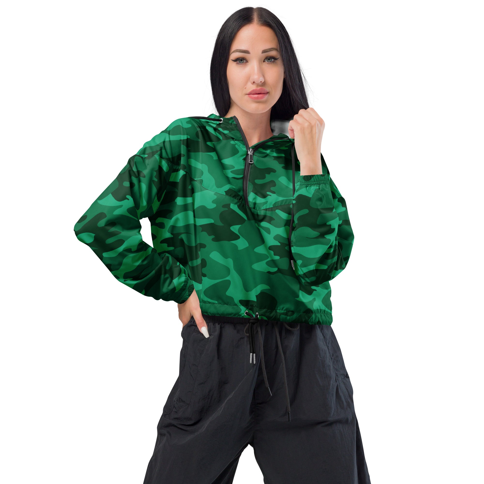 Women’s green camouflage lightweight windbreaker jacket with half-zip front elasticated cuffs and hood pockets