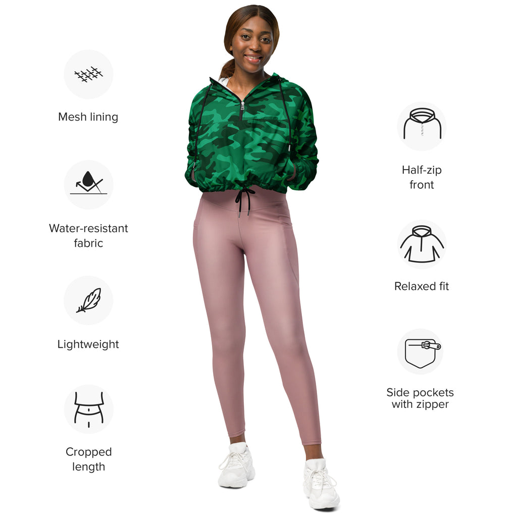 Women’s green camouflage cropped windbreaker with half zip front, side pockets, lightweight and water resistant