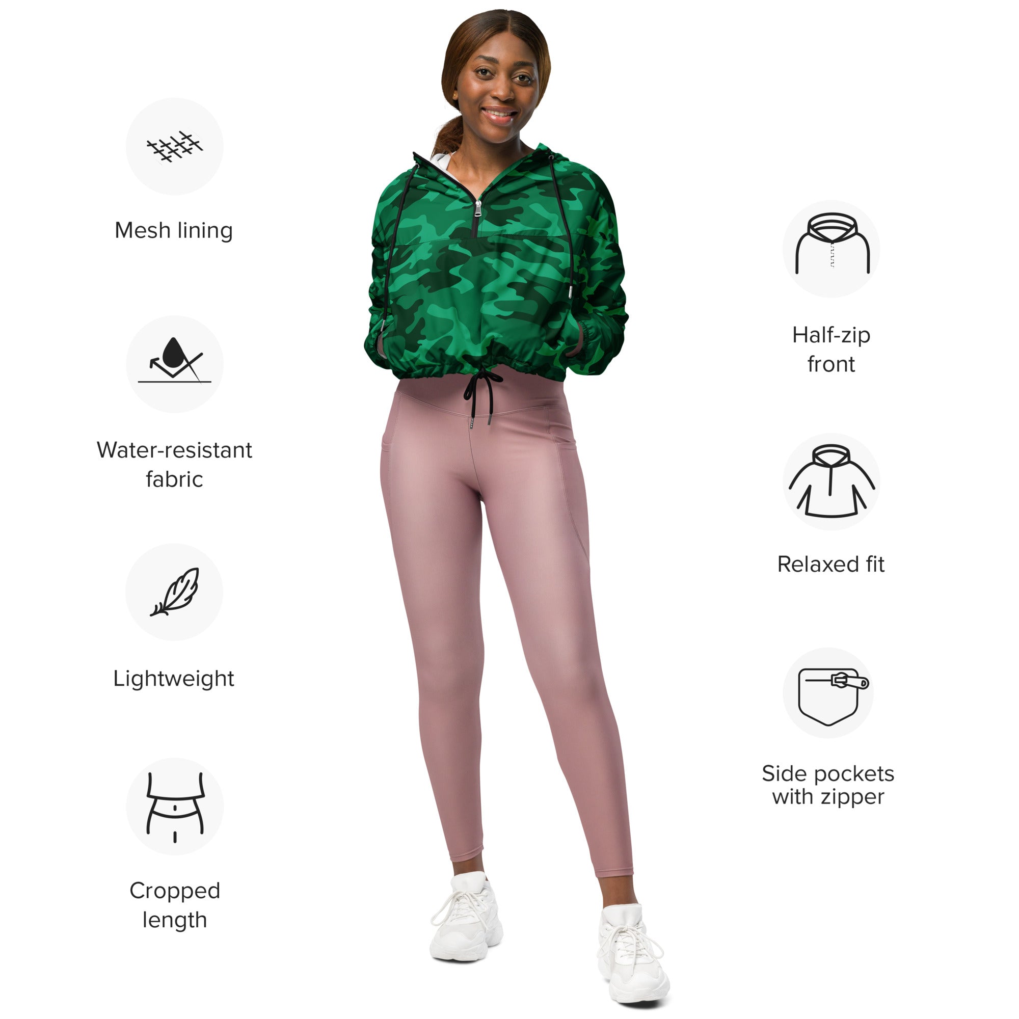 Women’s green camouflage cropped windbreaker with half zip front, side pockets, lightweight and water resistant