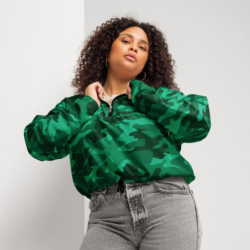 Women’s green camouflage cropped bomber jacket with adjustable hood lightweight and water resistant design