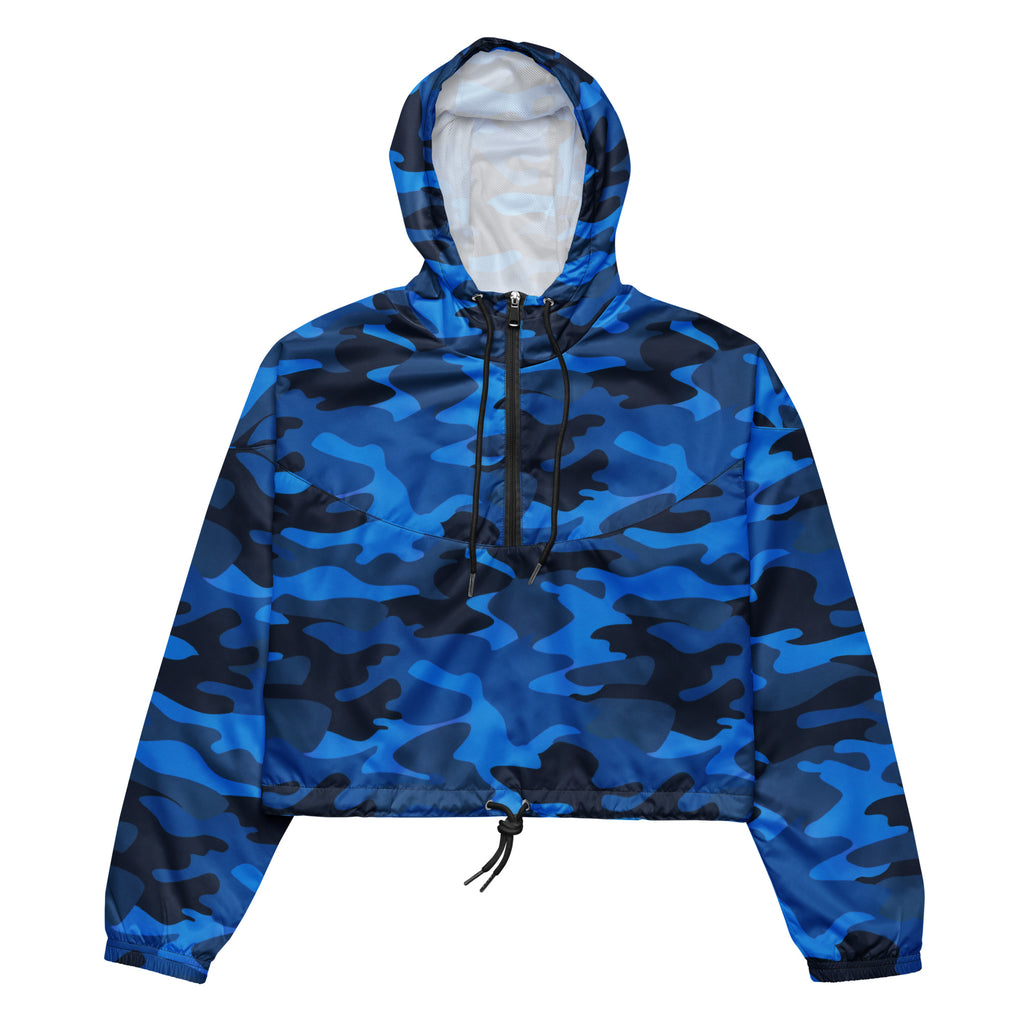 Women’s blue and black camouflage cropped windbreaker with white interior lining and adjustable hood and pockets