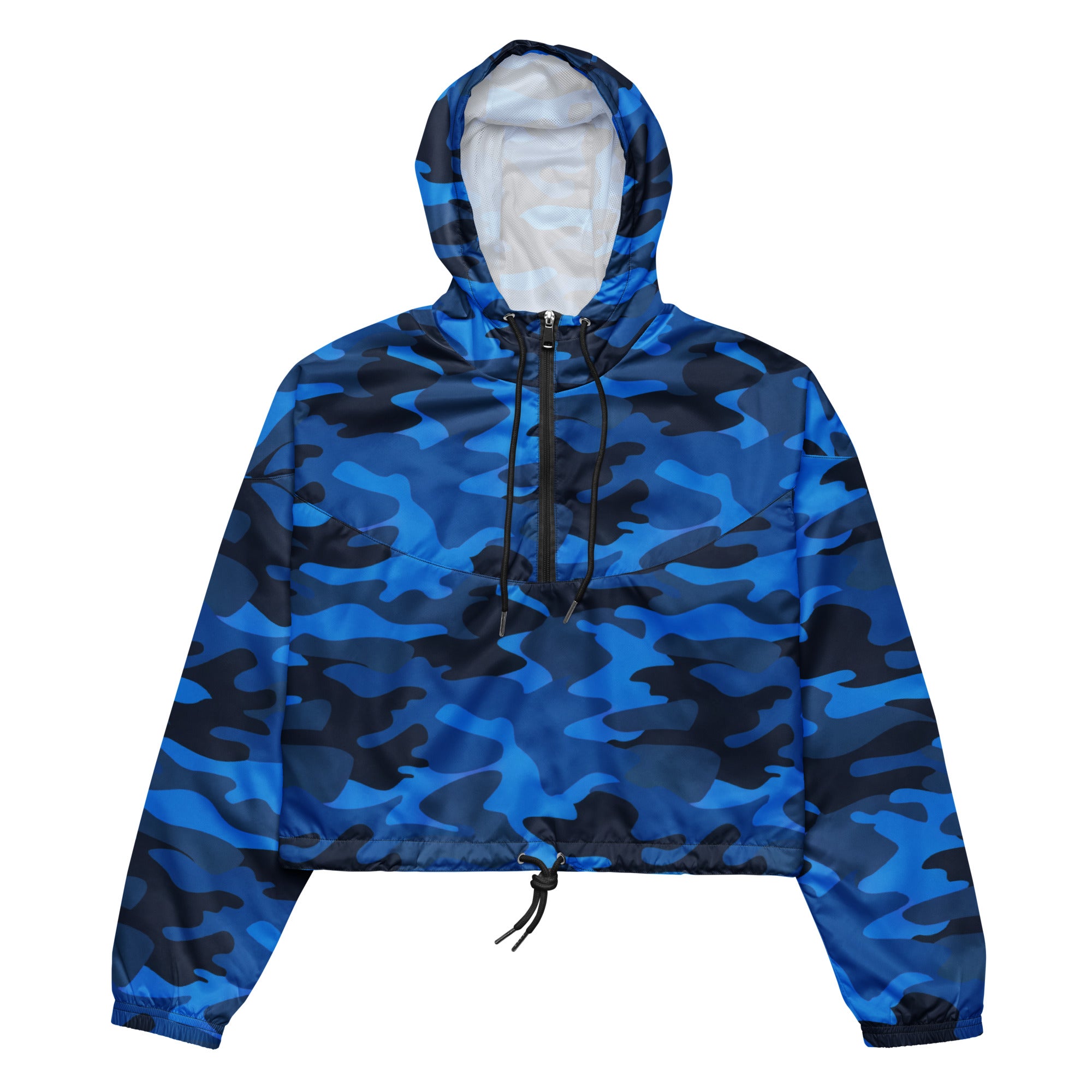 Women’s blue and black camouflage cropped windbreaker with white interior lining and adjustable hood and pockets