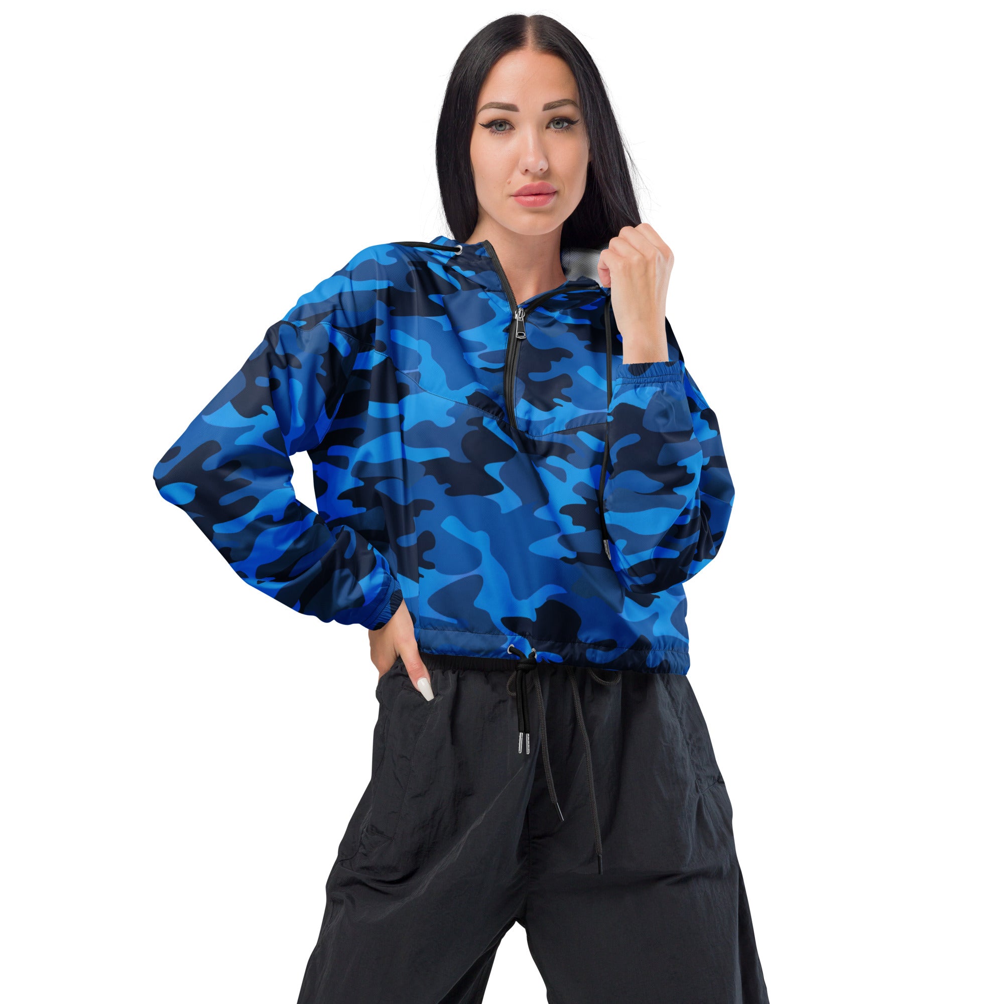 Women’s blue and black camouflage cropped windbreaker jacket with adjustable hood and pockets lightweight and water resistant