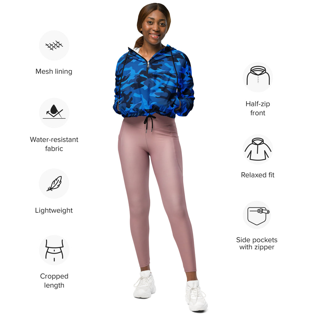 Women’s blue camouflage cropped windbreaker with adjustable hood mesh lining and water-resistant fabric front view