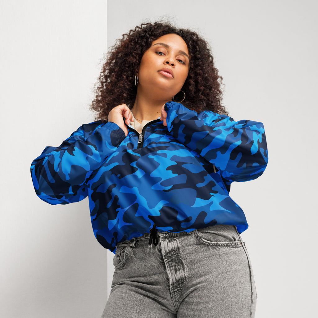 Women’s blue and navy camouflage pattern bomber jacket with puffy sleeves lightweight and water resistant