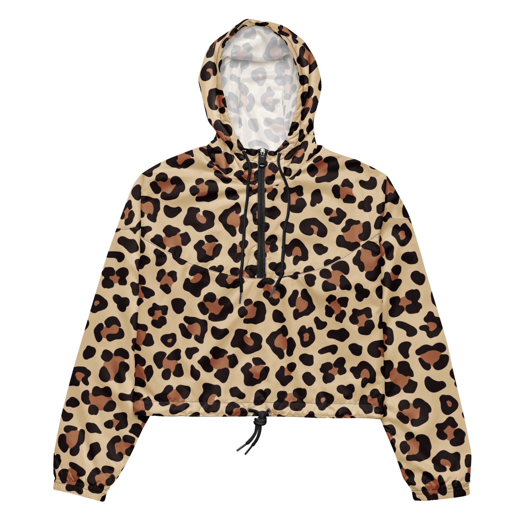 Women’s lightweight leopard print cropped windbreaker with beige and brown pattern, black zipper, and adjustable hood