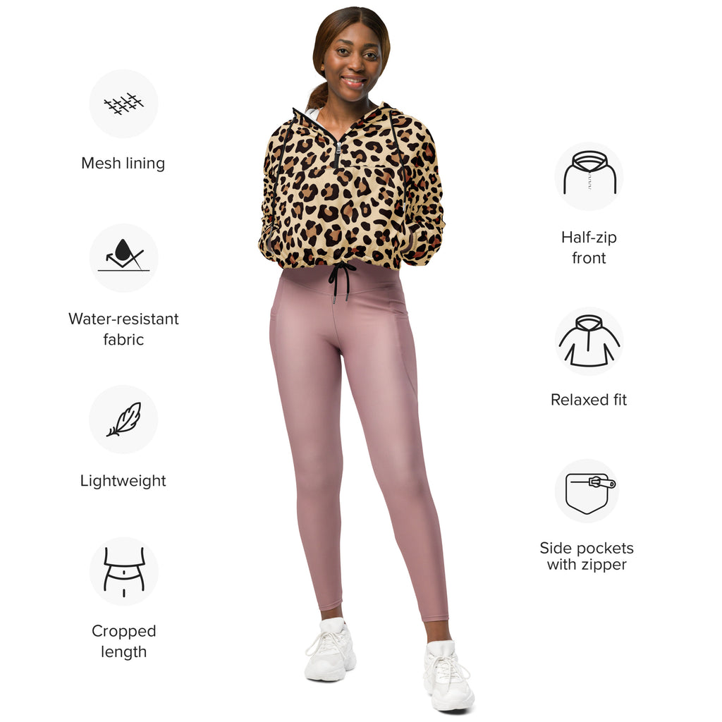 Women’s leopard print cropped windbreaker with adjustable hood mesh lining and water resistant fabric front view