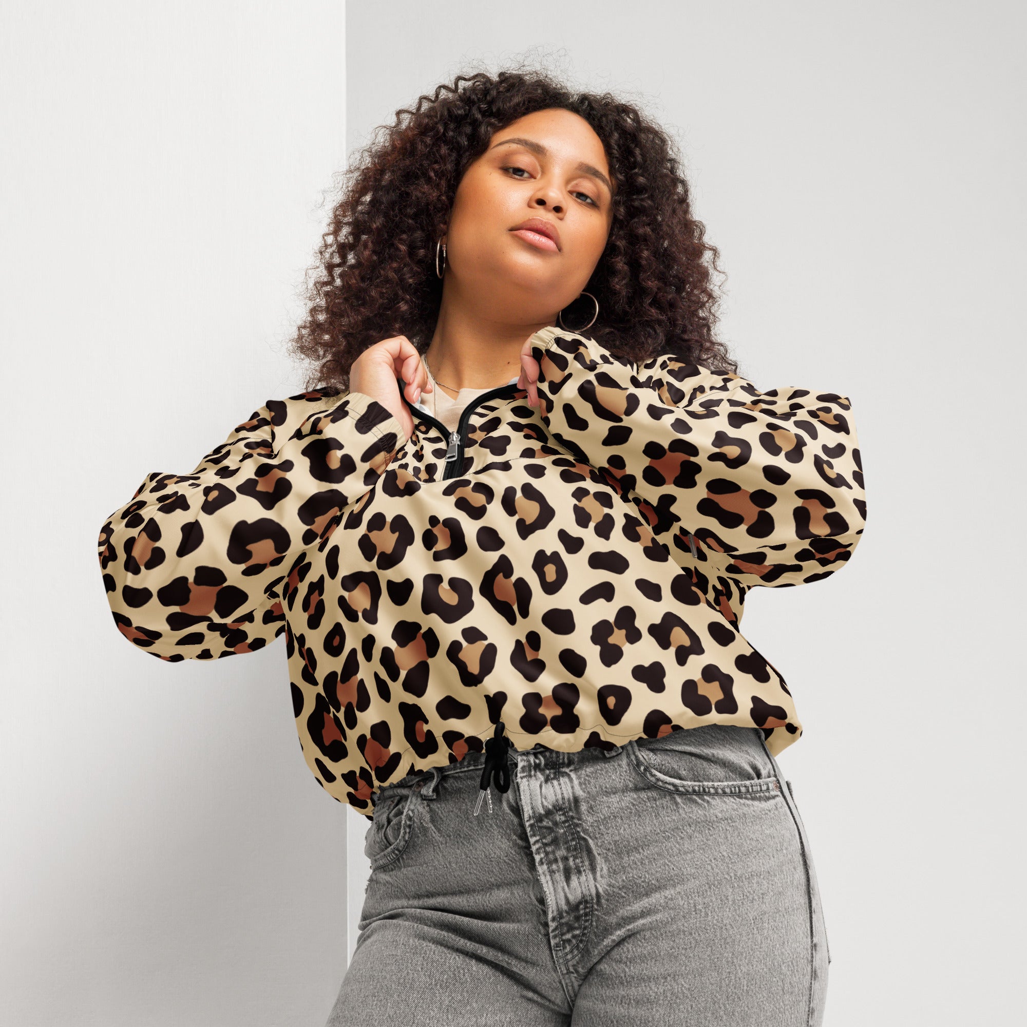 Beige and brown leopard print women’s cropped windbreaker with black zipper lightweight water resistant jacket with pockets