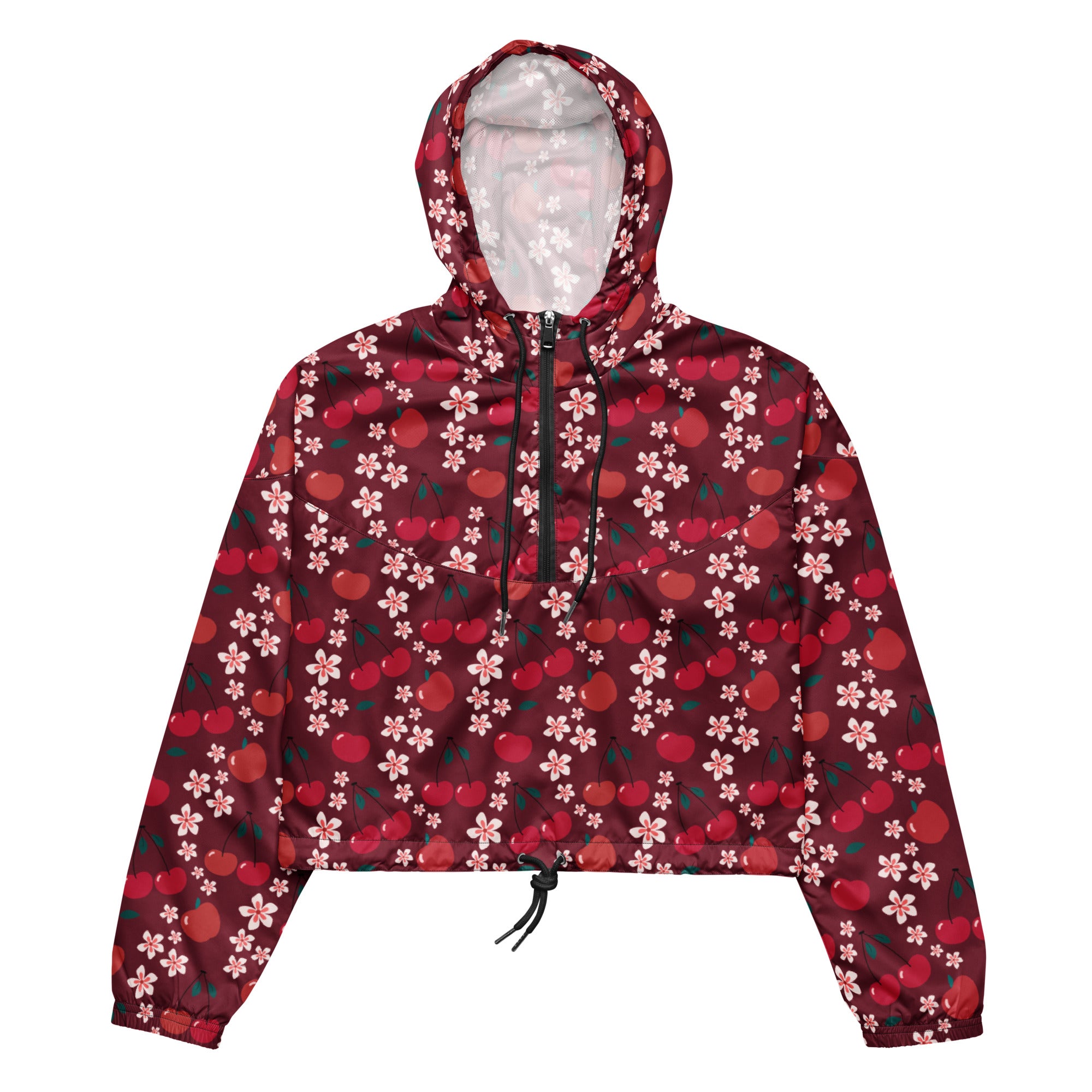 A maroon women’s cropped windbreaker with black zipper and drawstring featuring red apples and pink cherry blossoms pattern