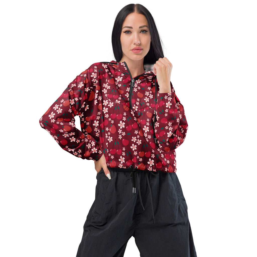 A maroon lightweight women’s cherry blossom cropped windbreaker with floral cherry pattern long sleeves and front zipper