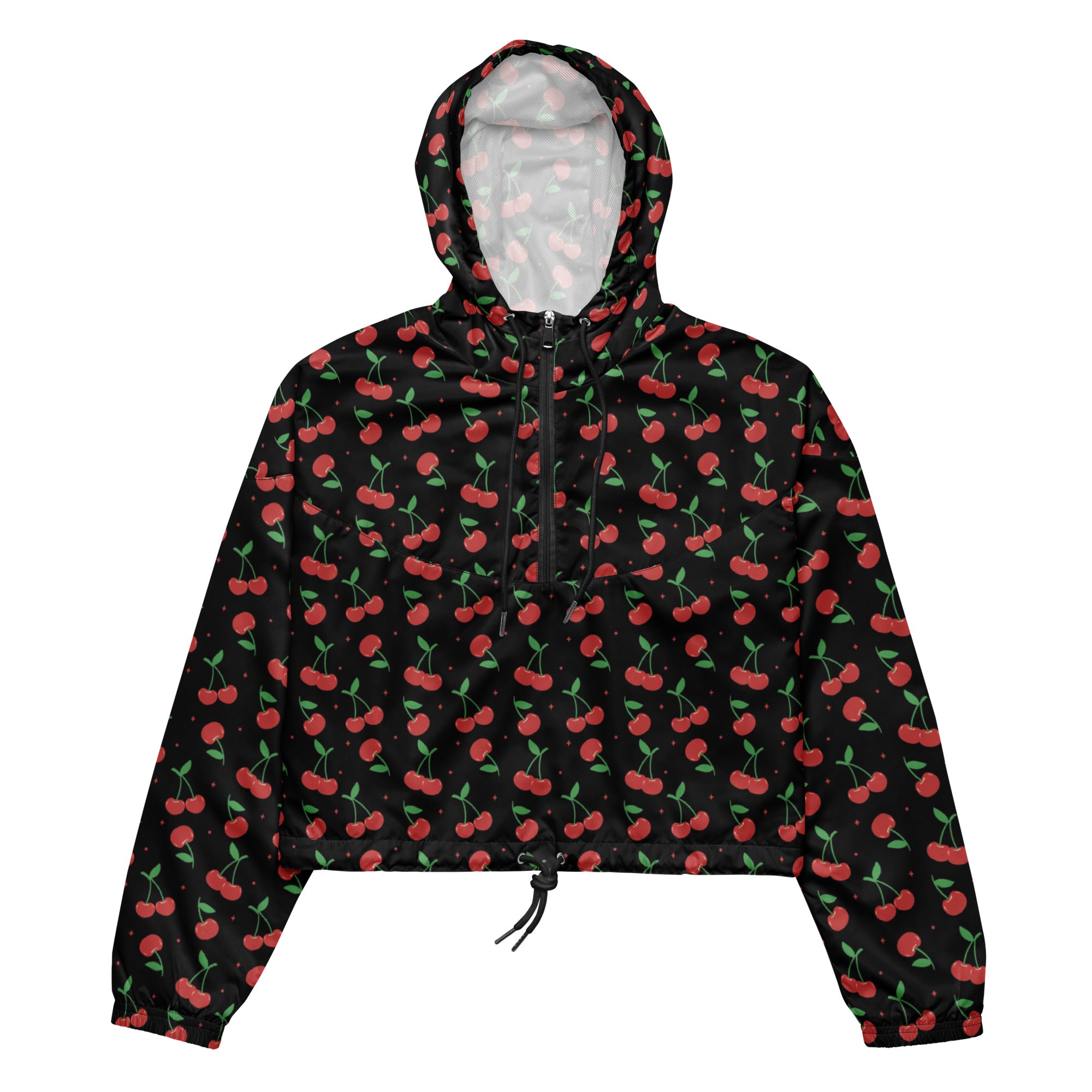 Women’s black cherry cropped windbreaker with red cherry print, drawstring hood, front zipper, and pockets on black fabric