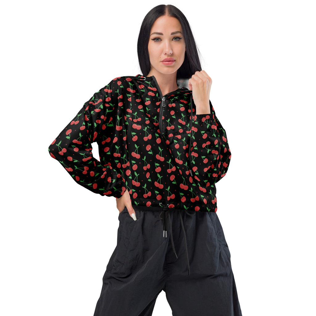 Women’s black cherry cropped windbreaker jacket with red cherry print green stems lightweight water resistant