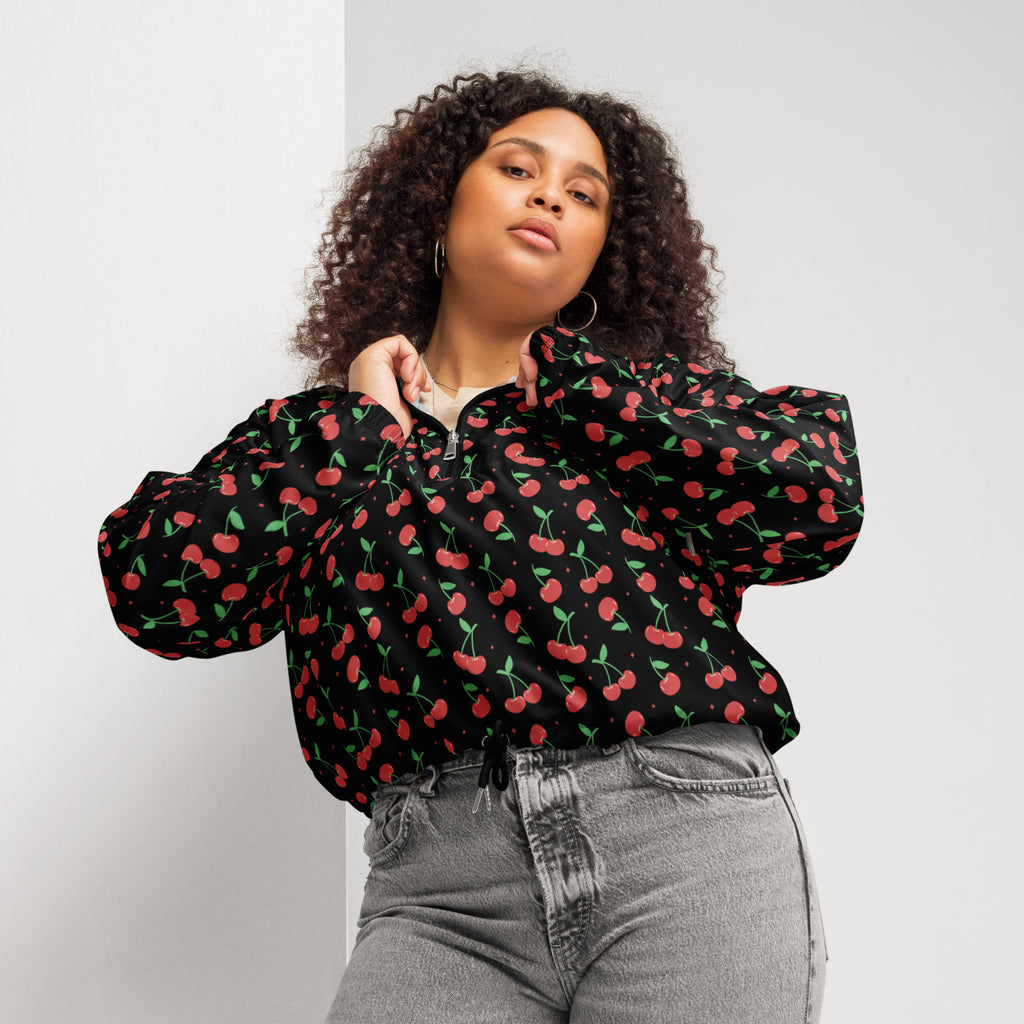 Women’s black cropped bomber jacket with red and green cherry print lightweight windbreaker with hood and pockets