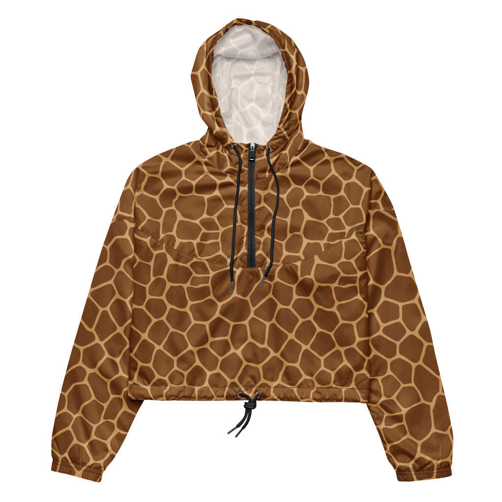 Women’s giraffe print cropped windbreaker with hood black zipper drawstring hem lightweight water resistant jacket