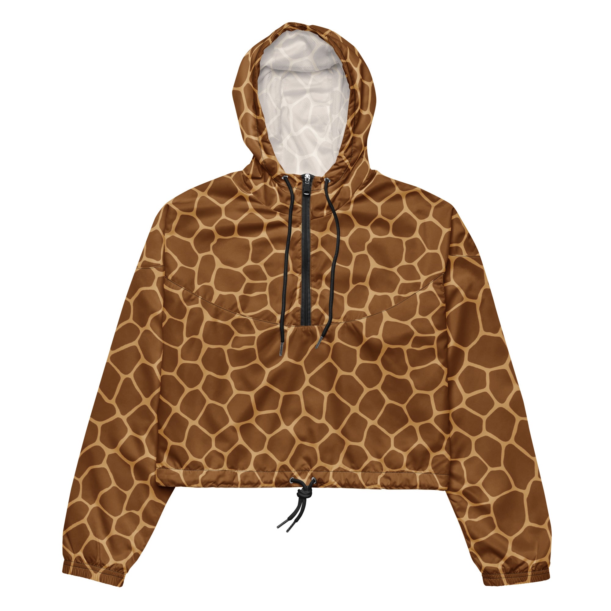 Women’s giraffe print cropped windbreaker with hood black zipper drawstring hem lightweight water resistant jacket
