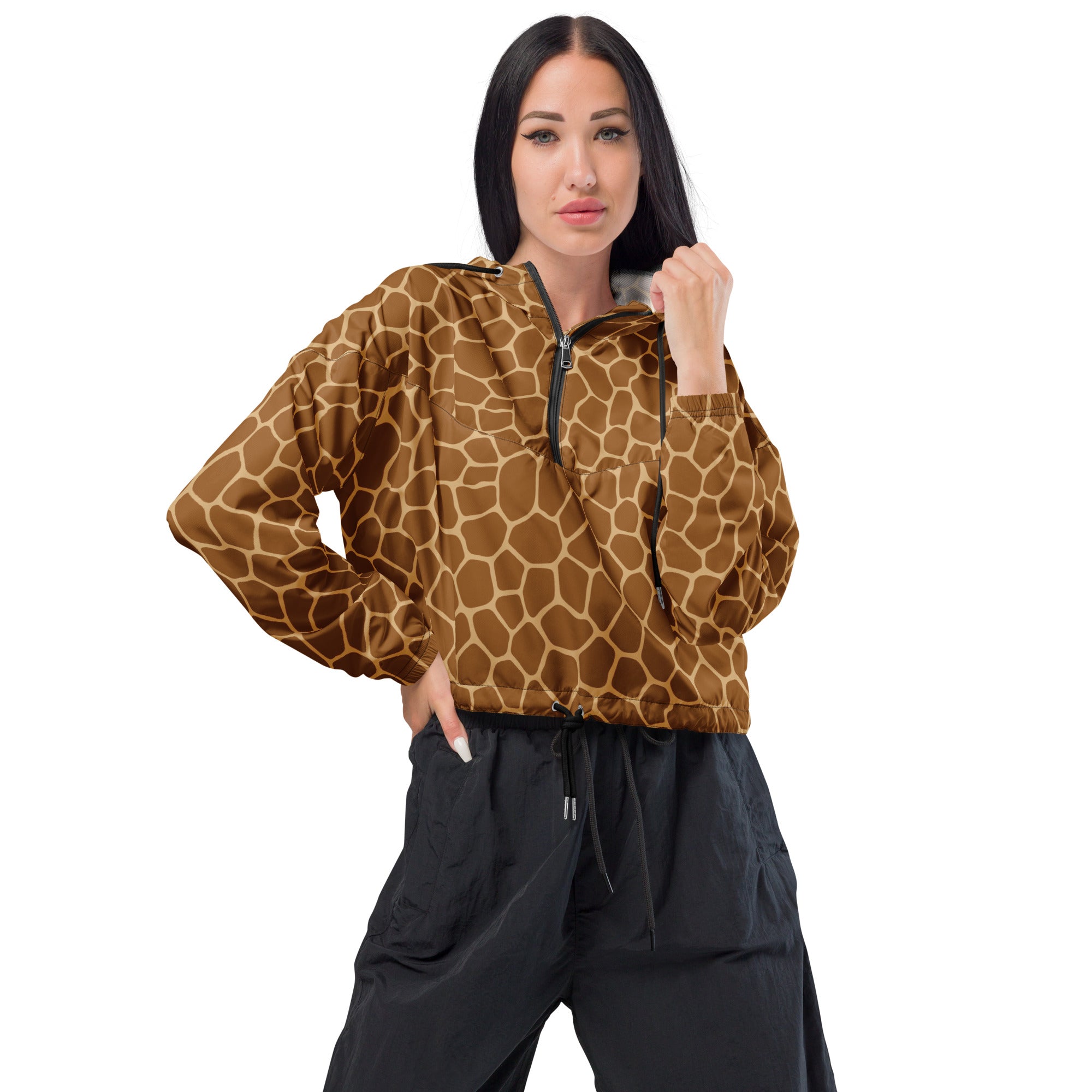 Women’s lightweight brown giraffe print cropped windbreaker with half-zip hood and elastic cuffs