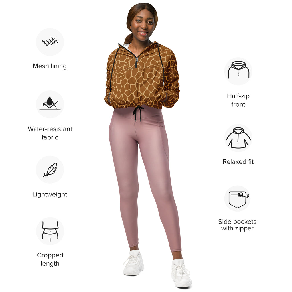 Women’s giraffe print cropped half zip hoodie made of lightweight water resistant fabric with adjustable hood and pockets