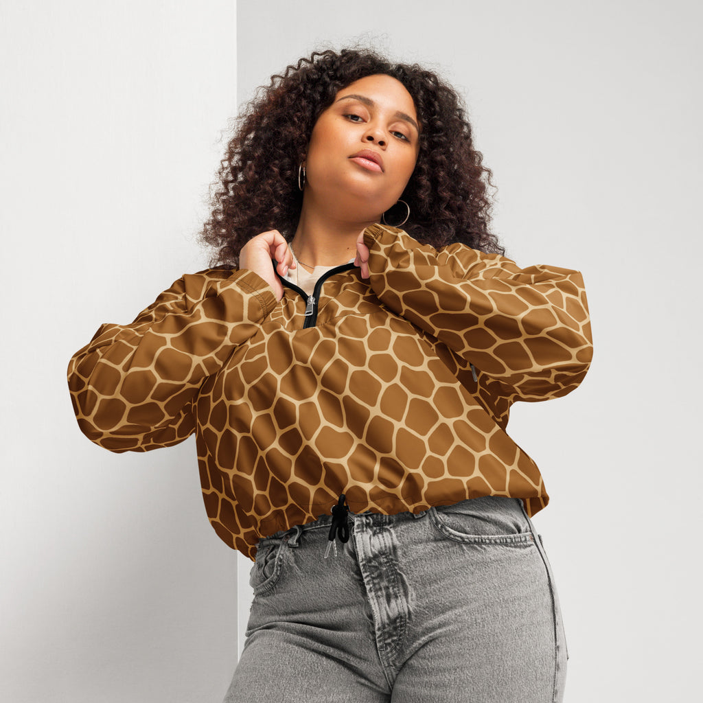 Women’s giraffe print cropped windbreaker brown and tan lightweight water resistant bomber jacket with black zipper
