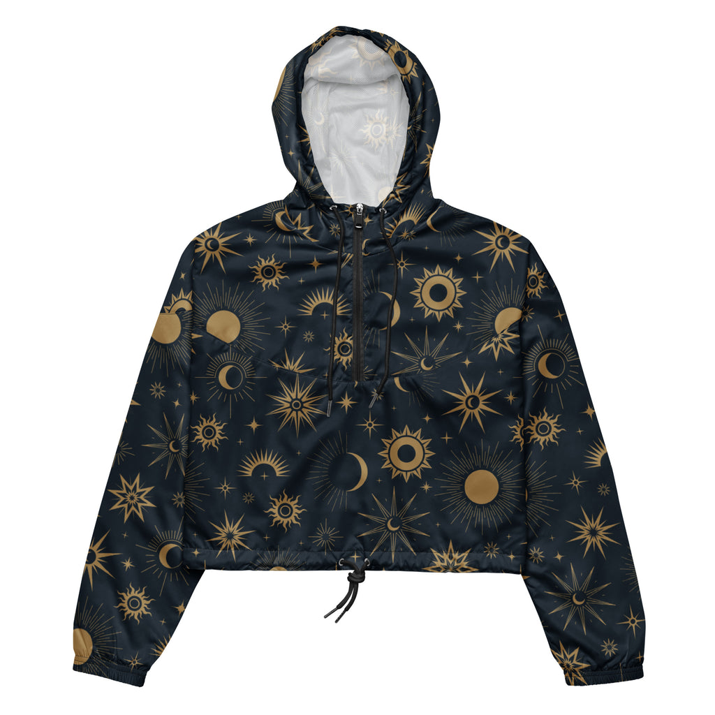 Dark blue women’s celestial sun and moon cropped windbreaker with gold pattern lightweight and water resistant