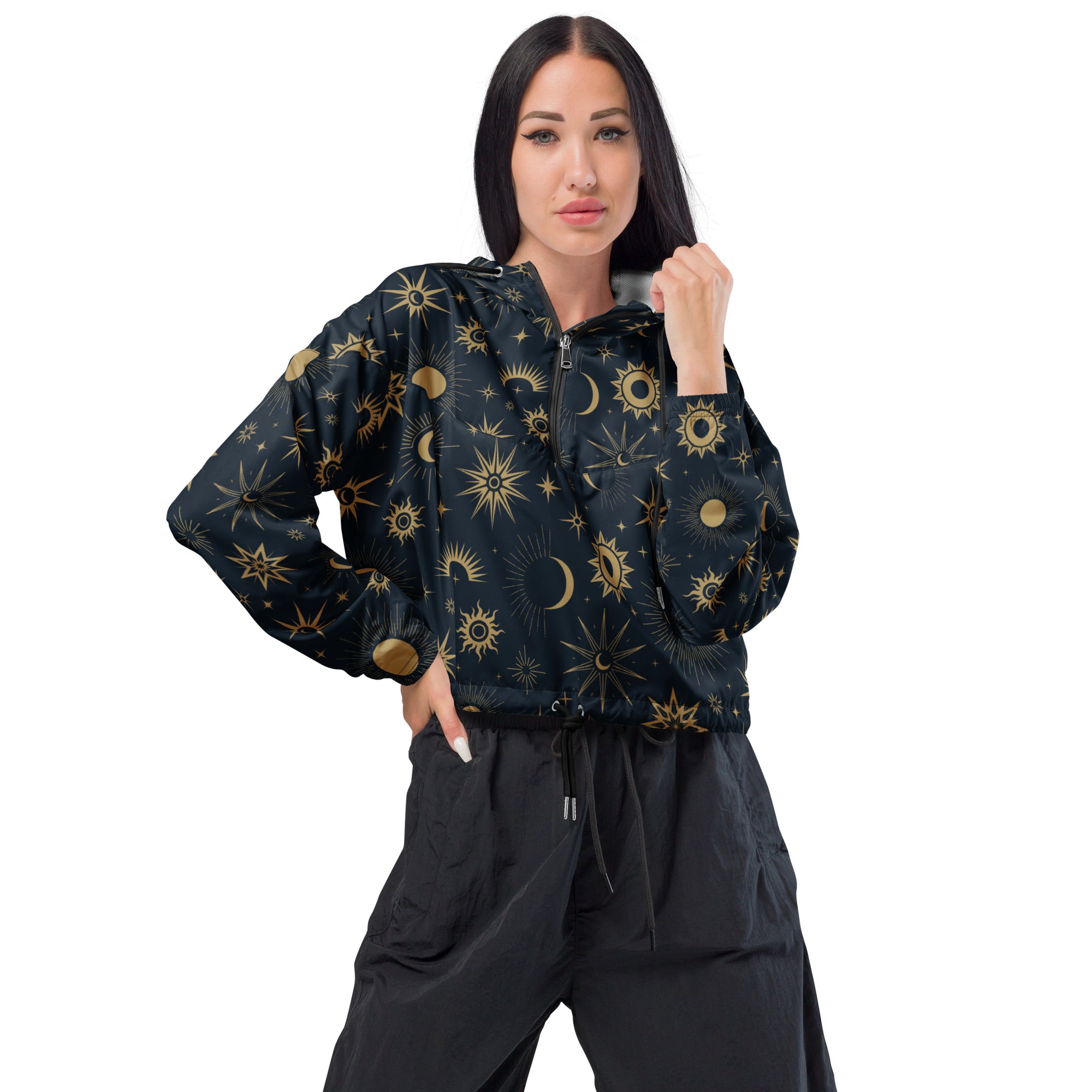 Women’s black hooded windbreaker with gold sun moon star celestial patterns lightweight water resistant jacket back view