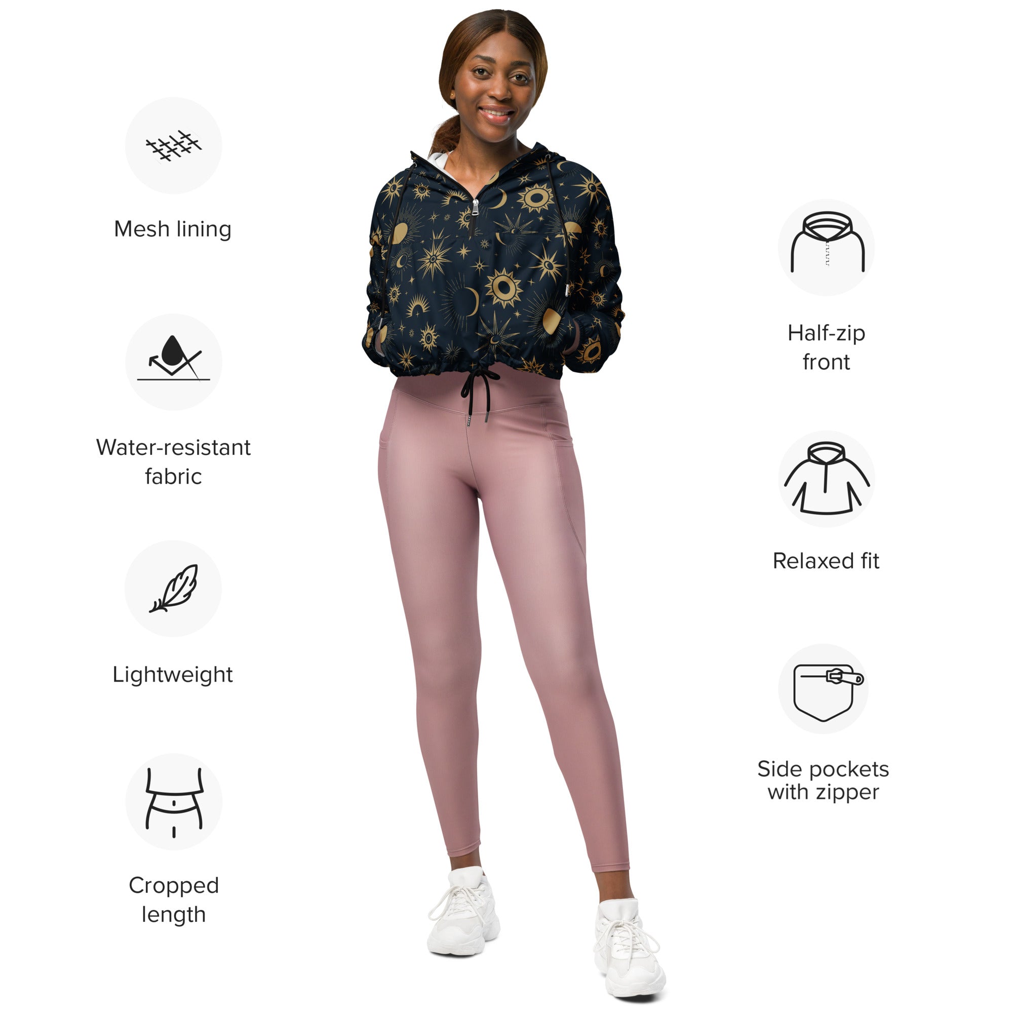 Dark navy cropped windbreaker jacket with gold celestial sun and moon print and half zip front for women