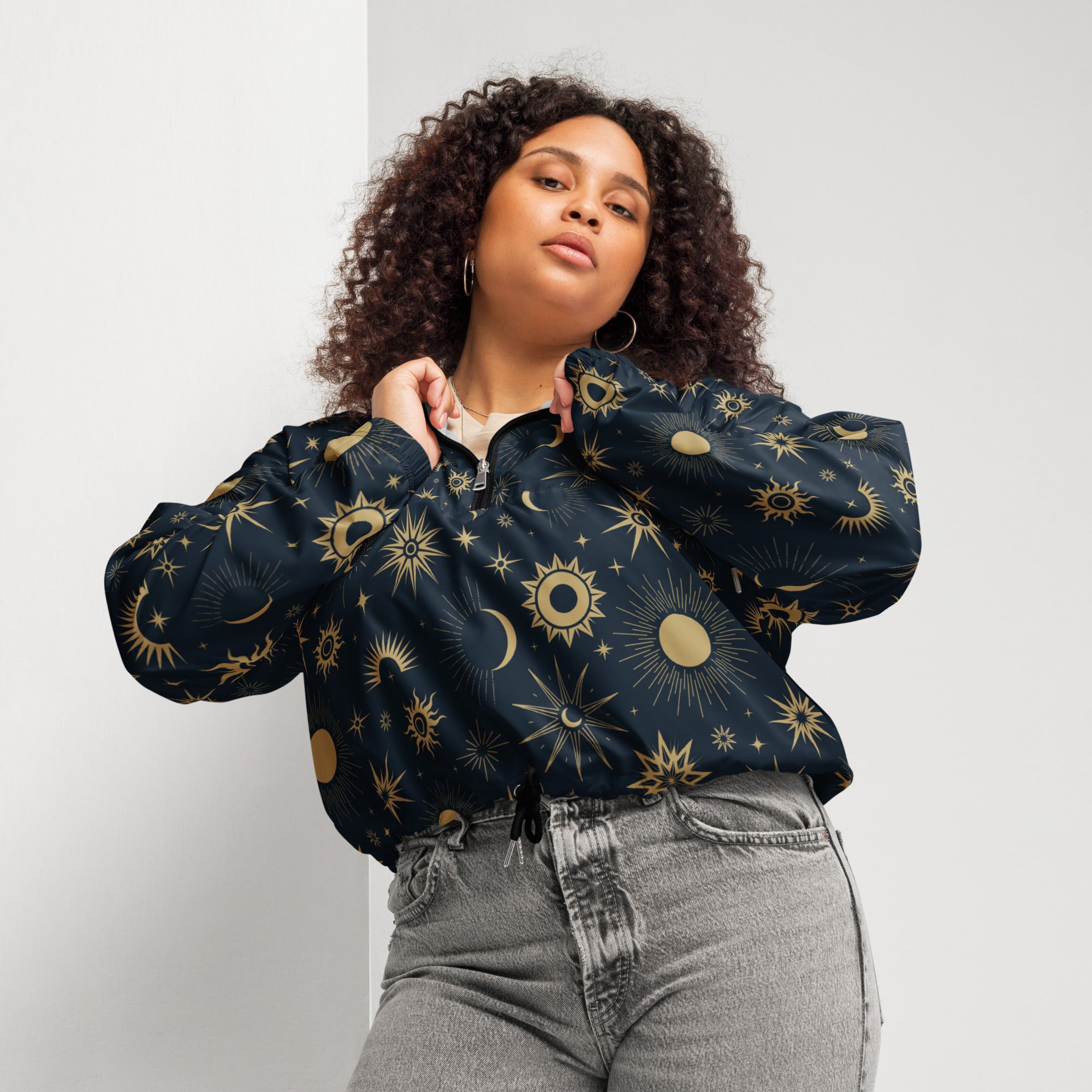 Navy blue women’s celestial sun and moon cropped bomber jacket with gold pattern lightweight windbreaker with hood and pockets