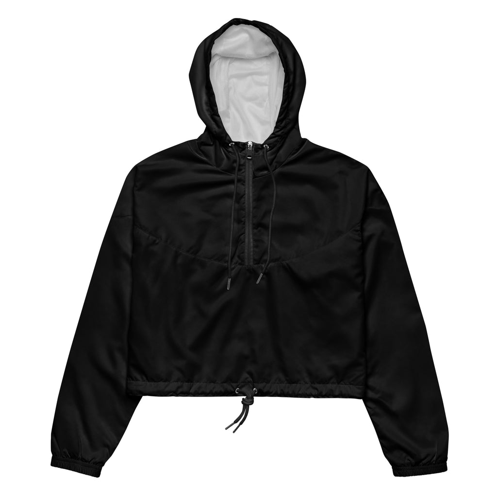 Women’s black cropped windbreaker with white interior lining and drawstring cuffs lightweight water resistant jacket