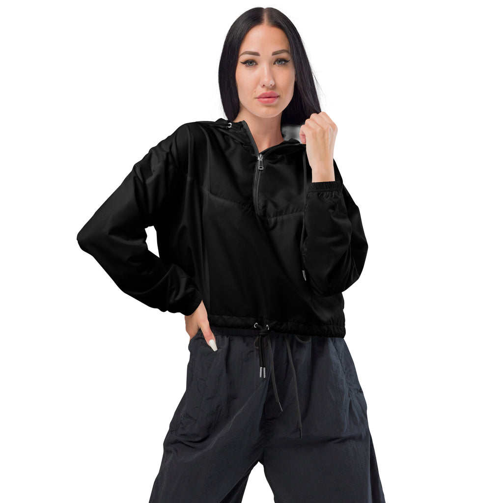Women’s black cropped satin-like bomber jacket with half-zip front and adjustable drawstring waist windbreaker