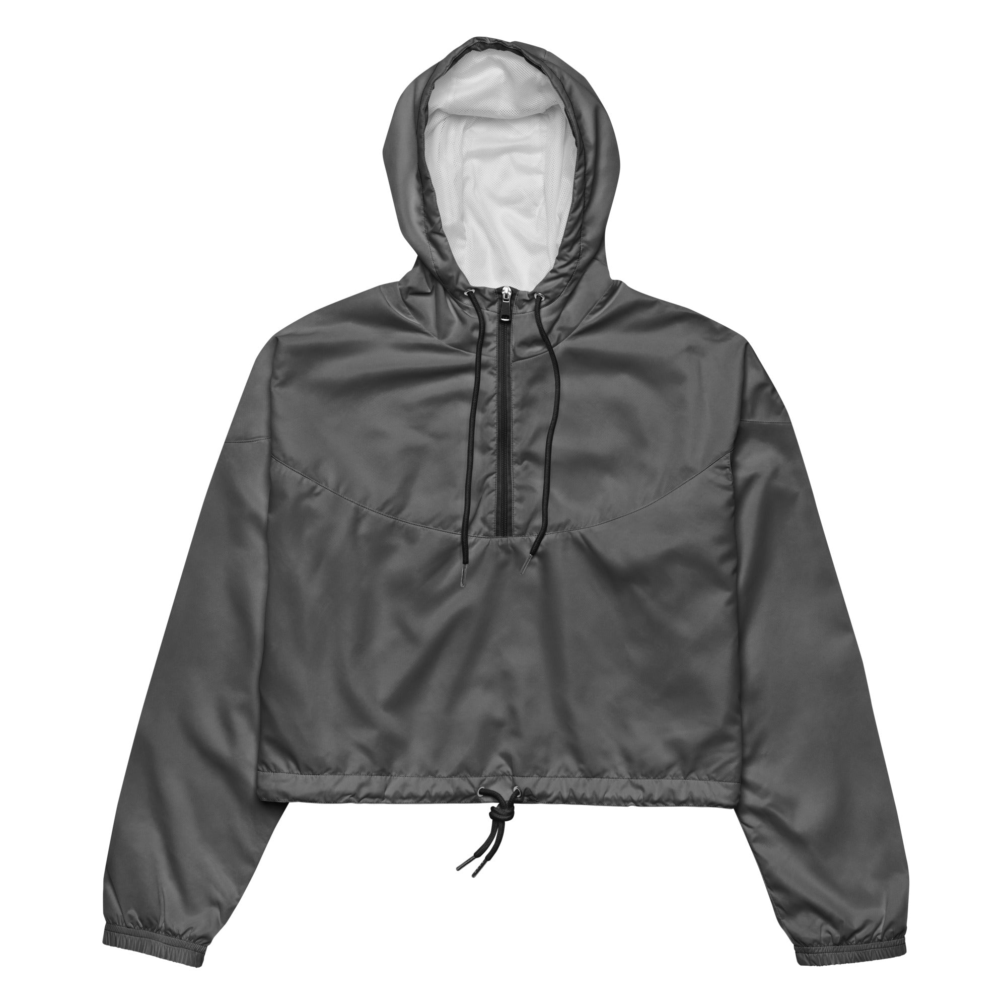 Women’s gray cropped windbreaker with lightweight water resistant fabric white-lined hood and black drawstrings