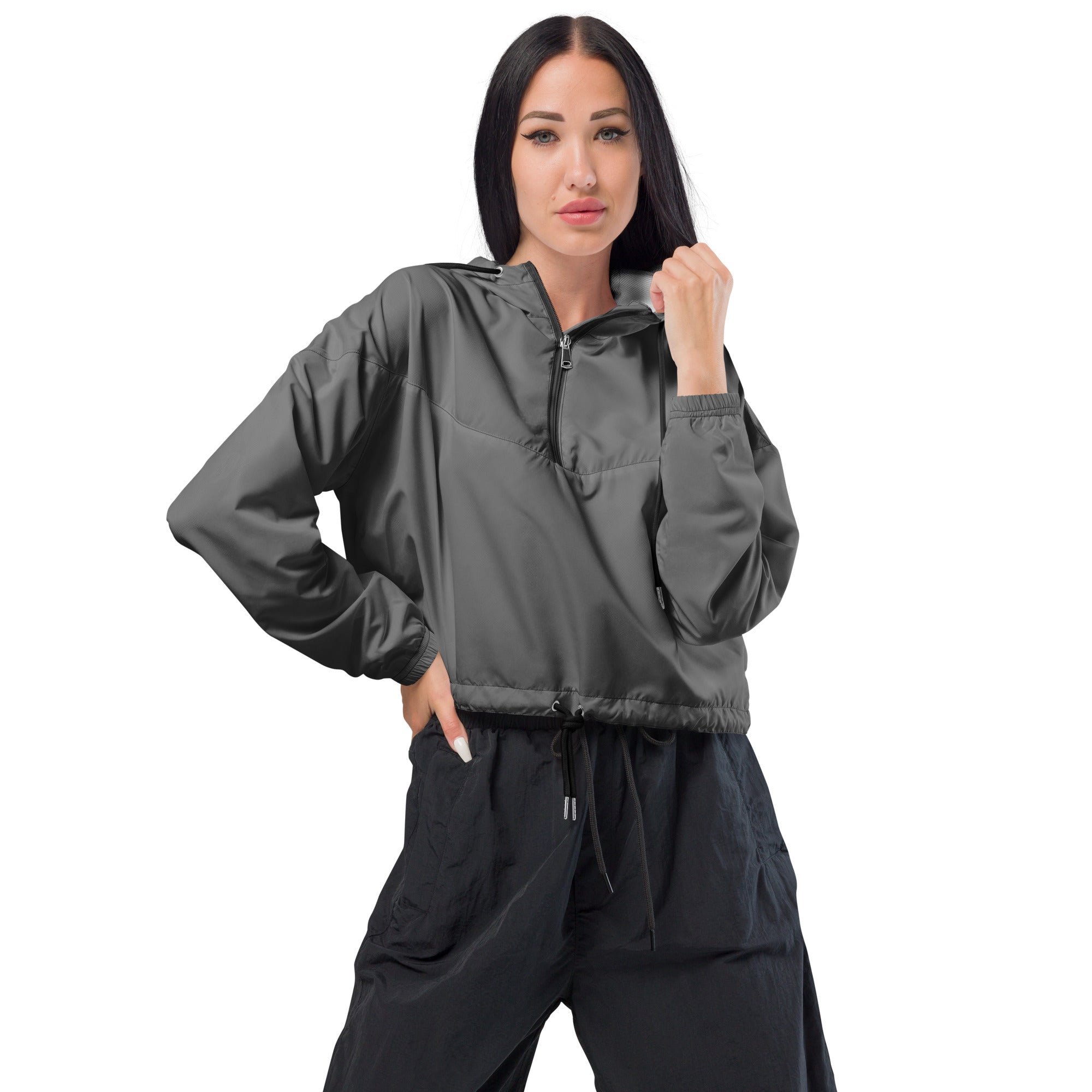 Women’s gray cropped windbreaker made of sleek dark gray nylon with half-zip front and elastic cuffs