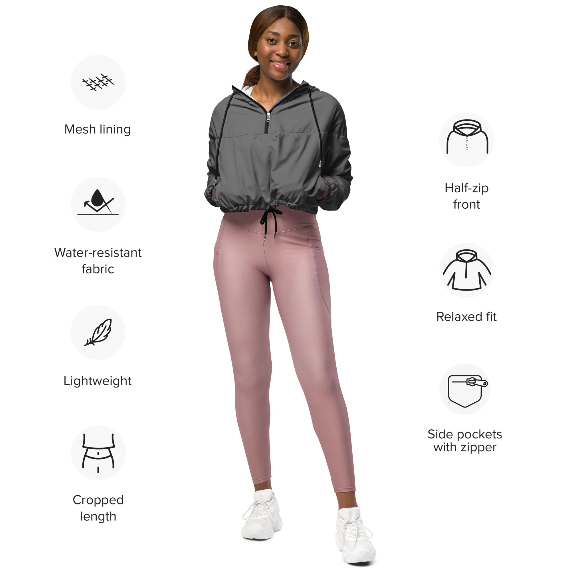 Women’s gray cropped windbreaker with water-resistant fabric mesh lining side zip pockets and adjustable hood