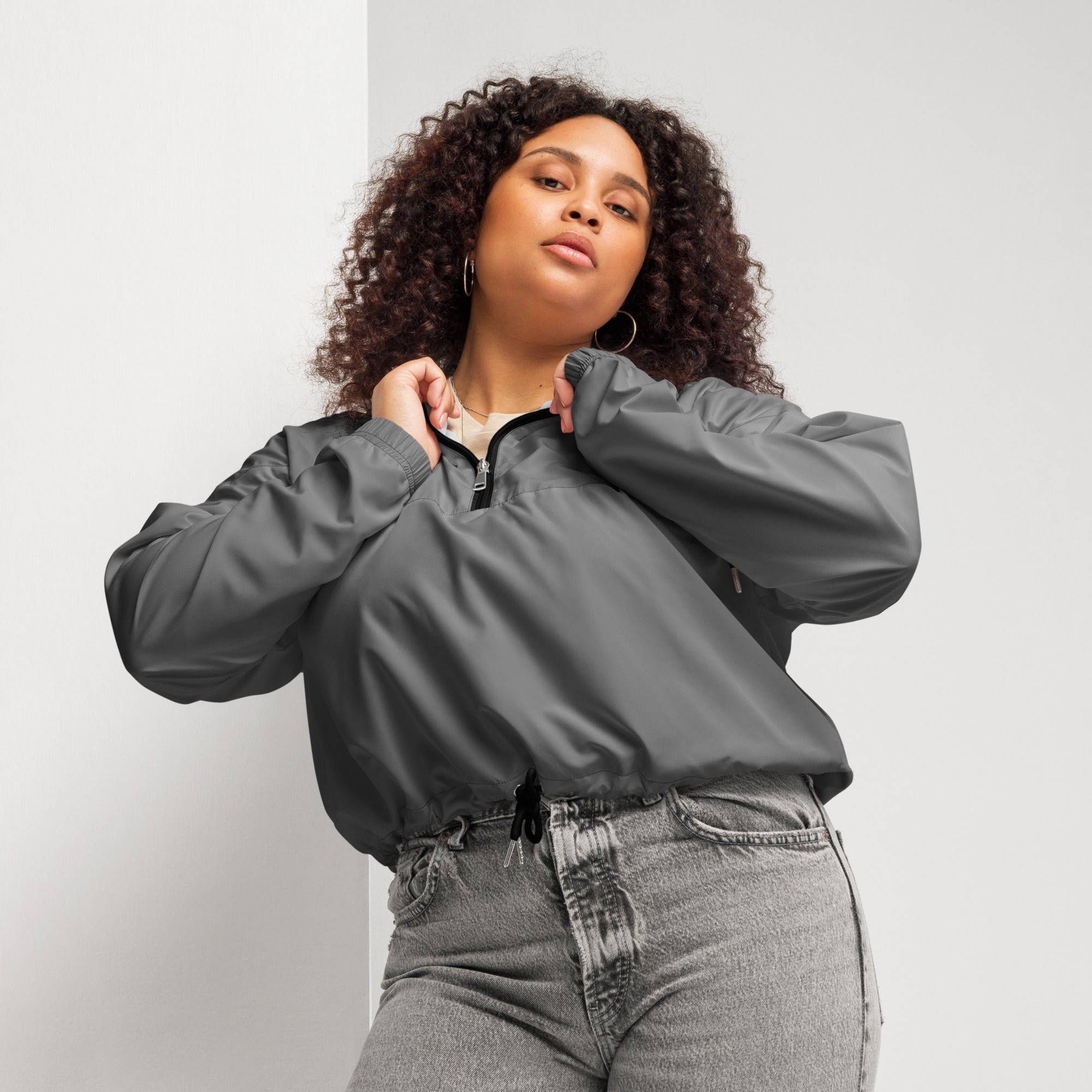Women’s gray nylon cropped bomber jacket with black zipper and drawstring waist lightweight windbreaker