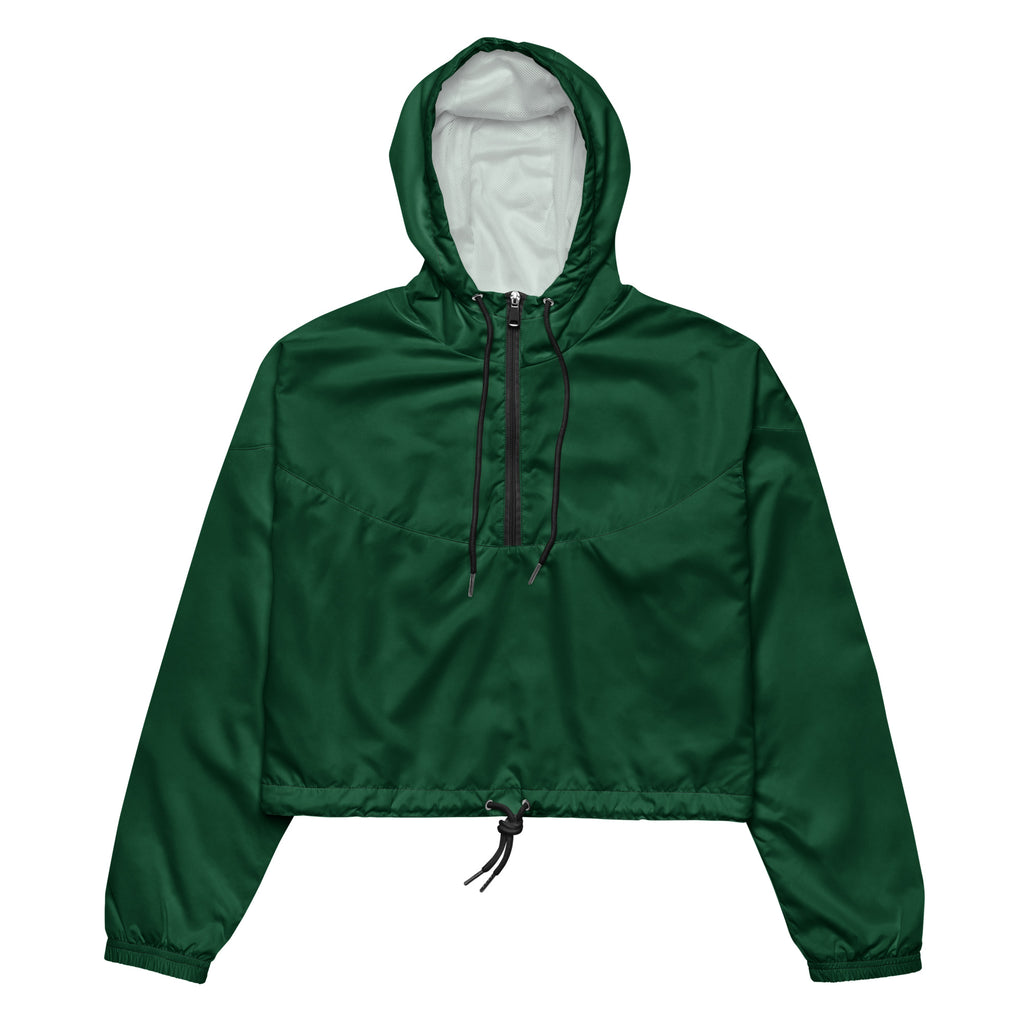 Women’s dark green cropped windbreaker jacket with white interior lining black drawstrings and adjustable hood