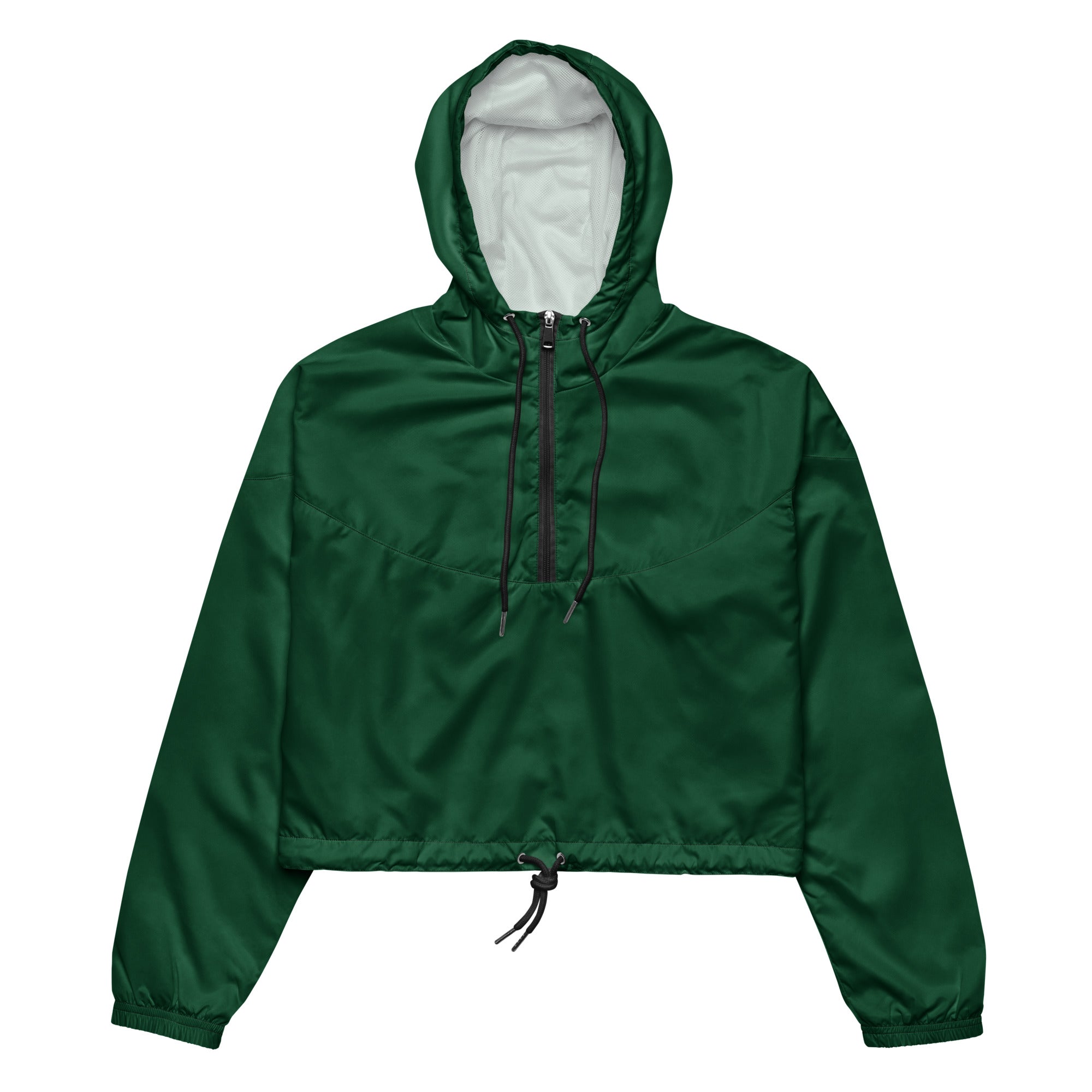 Women’s dark green cropped windbreaker jacket with white interior lining black drawstrings and adjustable hood