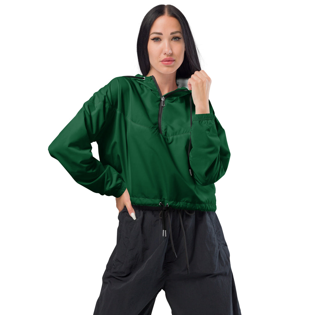 Women’s dark green cropped windbreaker lightweight water resistant nylon jacket with adjustable hood and drawstring waist