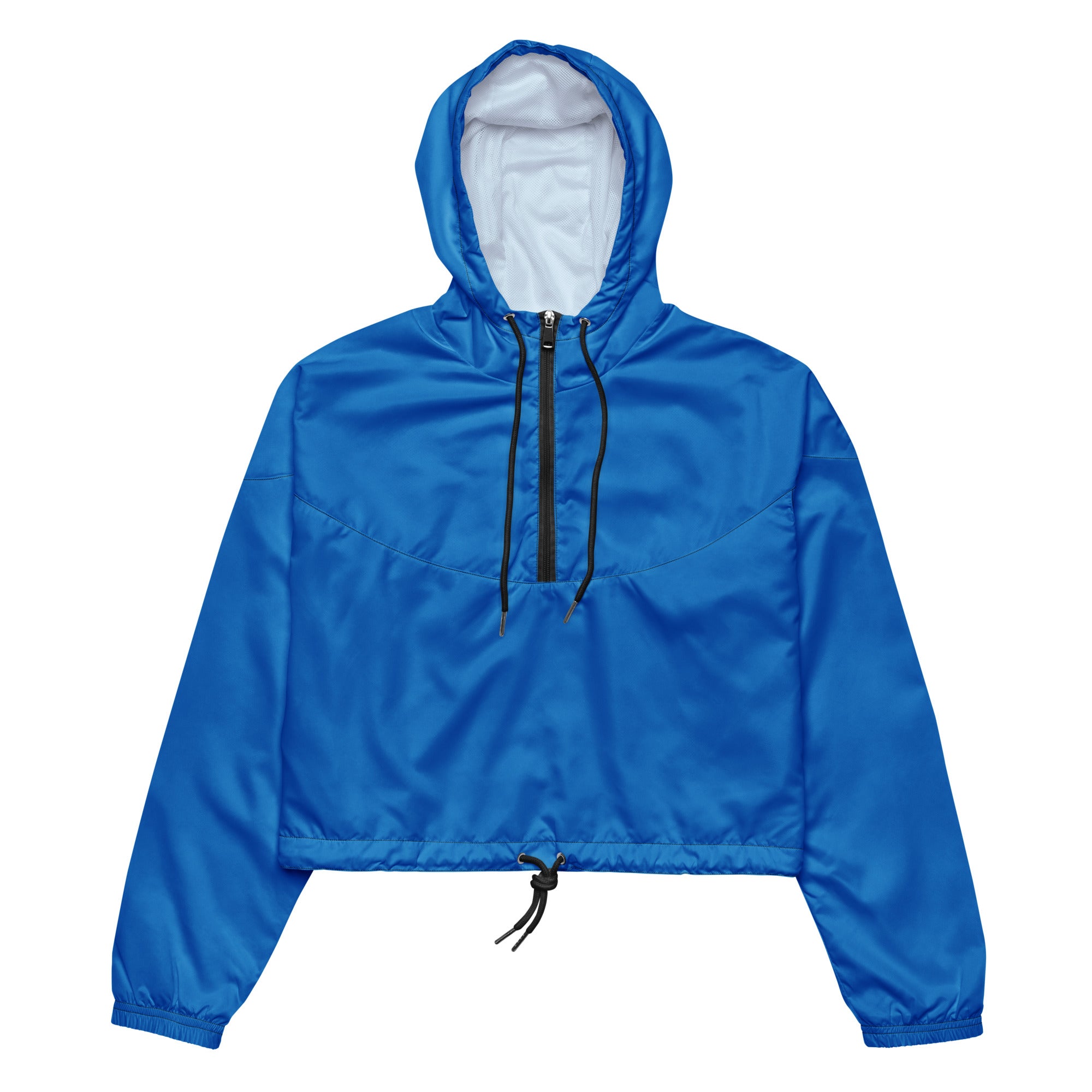 Women’s blue cropped windbreaker with black zipper and drawstring adjustable hood lightweight water resistant jacket