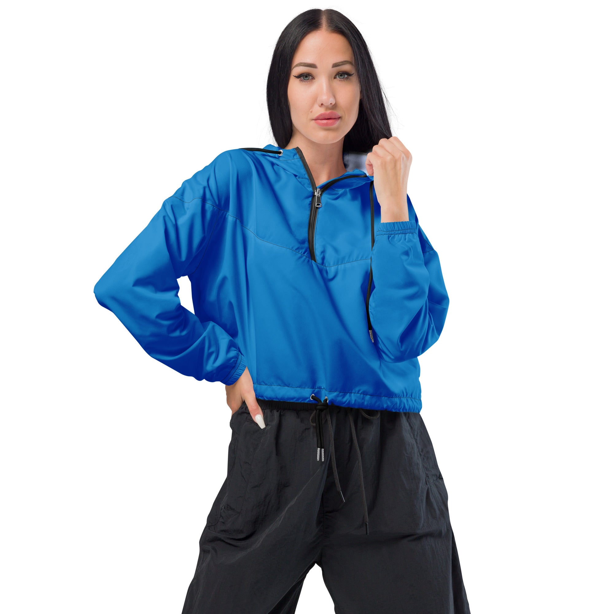 Women’s bright blue cropped windbreaker lightweight nylon half-zip front elastic cuffs with adjustable hood and pockets