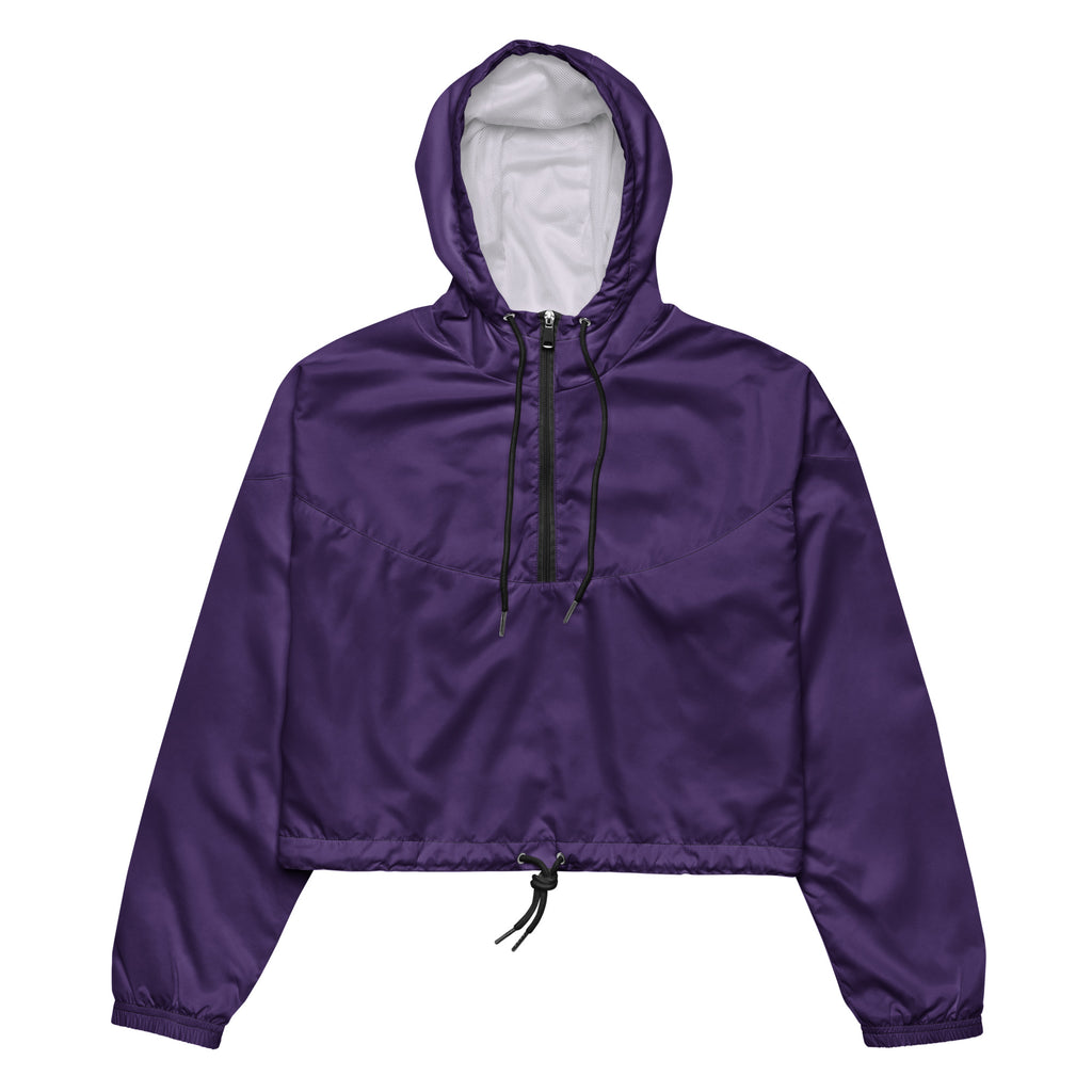 Women’s dark purple cropped windbreaker with black zipper and drawstring made of shiny nylon fabric