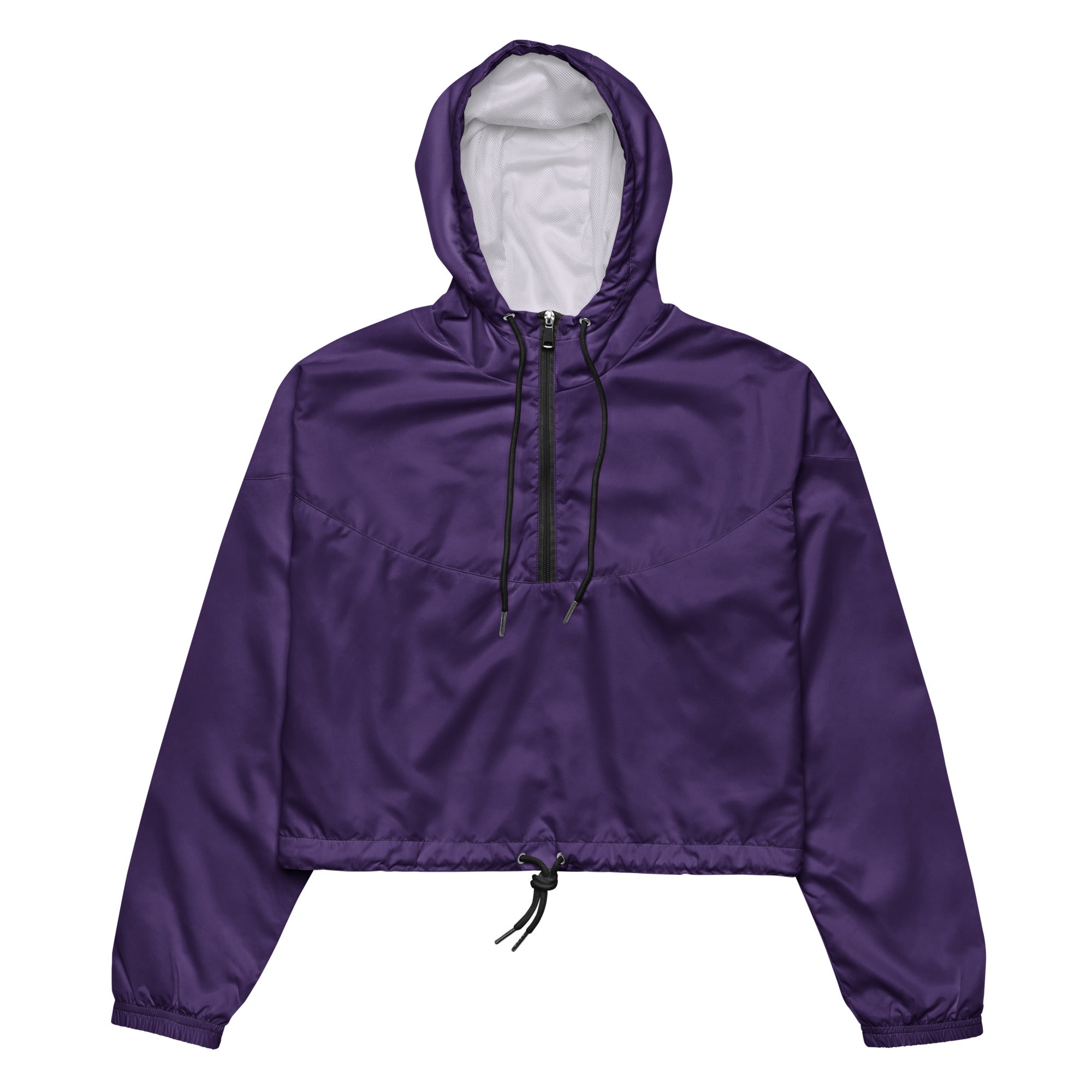 Women’s dark purple cropped windbreaker with black zipper and drawstring made of shiny nylon fabric