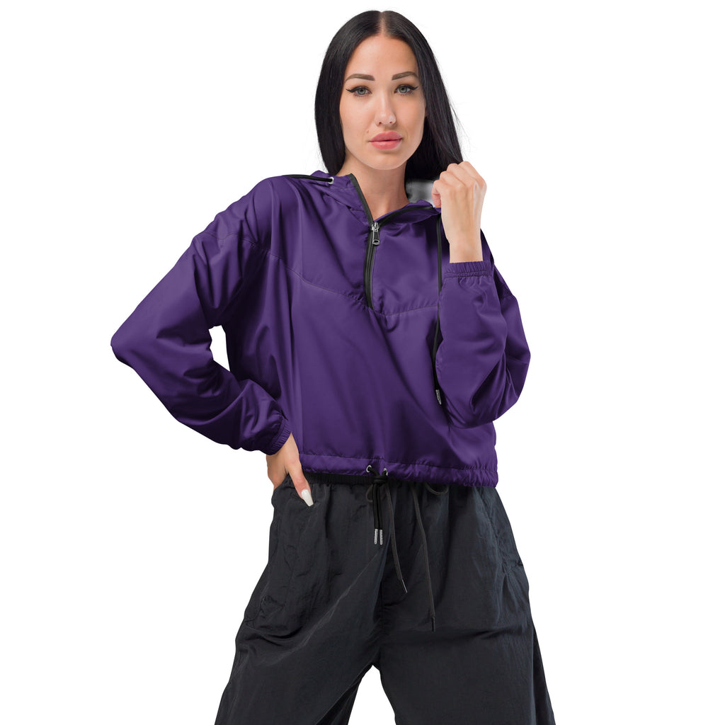 Women’s dark purple cropped lightweight nylon windbreaker with half-zip front and elastic cuffs