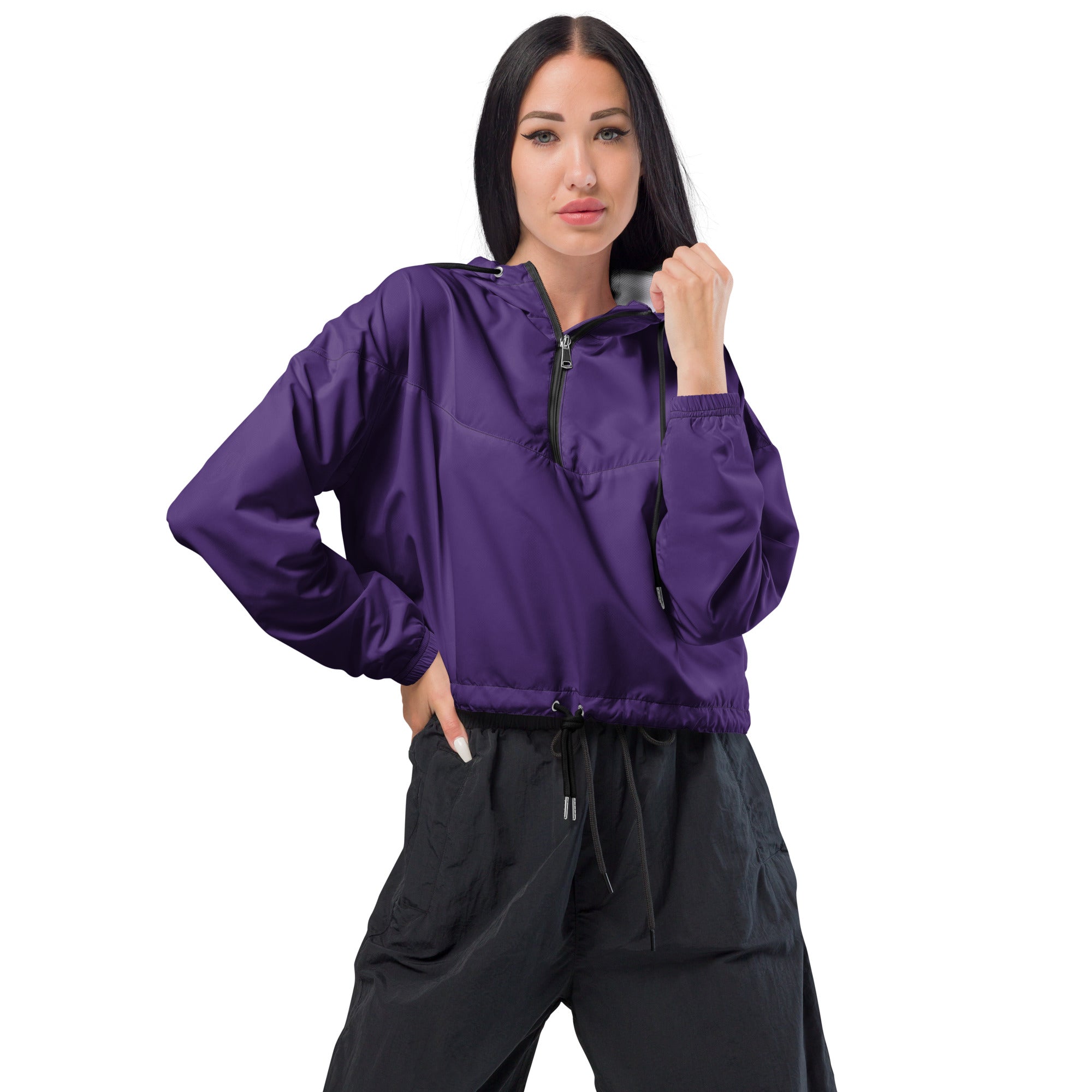 Women’s dark purple cropped lightweight nylon windbreaker with half-zip front and elastic cuffs