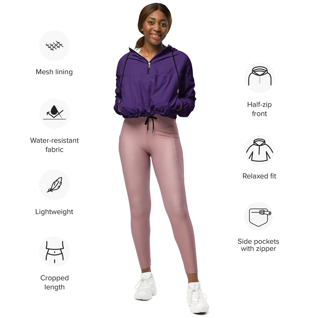 Women’s dark purple cropped windbreaker with mesh lining water-resistant fabric adjustable hood and pockets