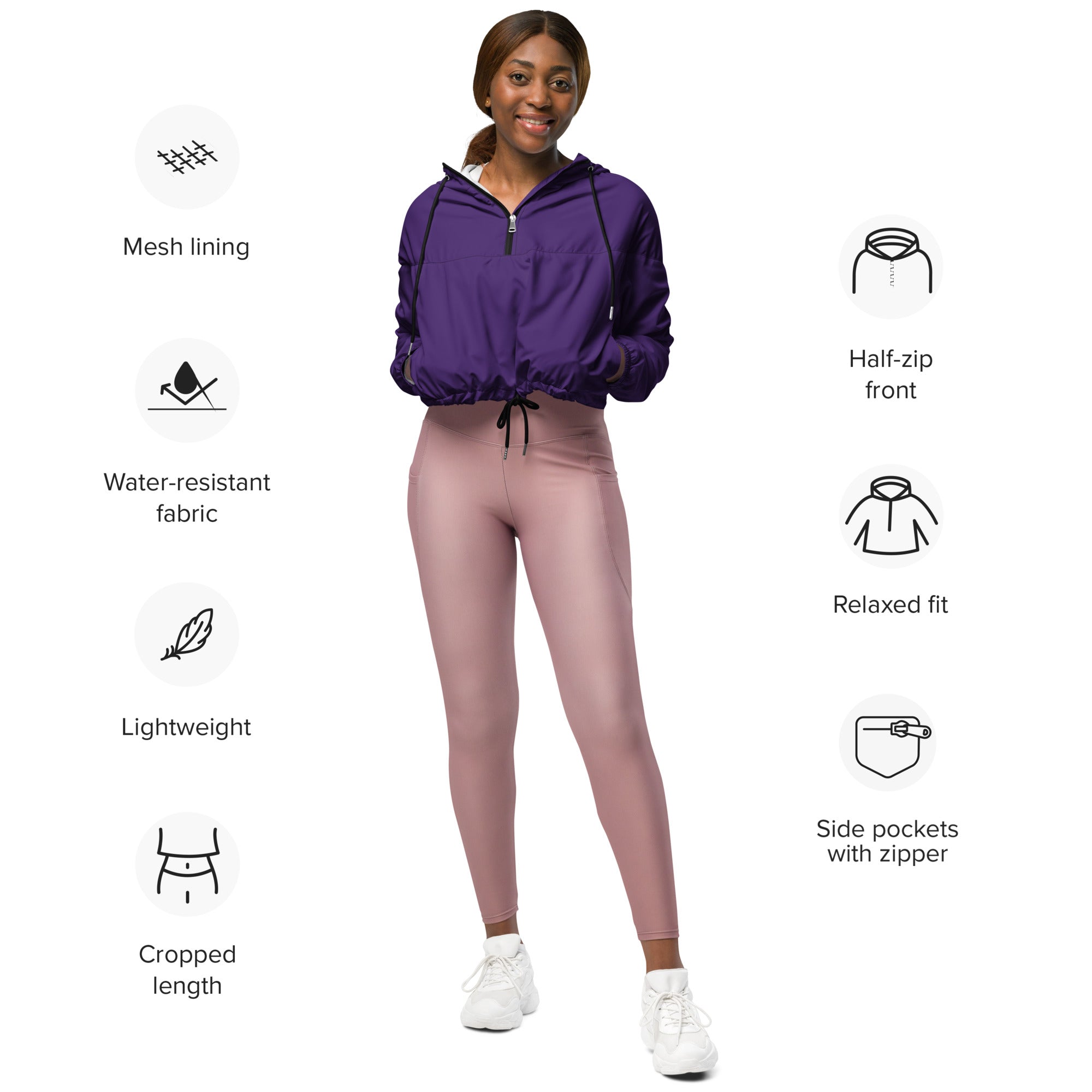 Women’s dark purple cropped windbreaker with mesh lining water-resistant fabric adjustable hood and pockets