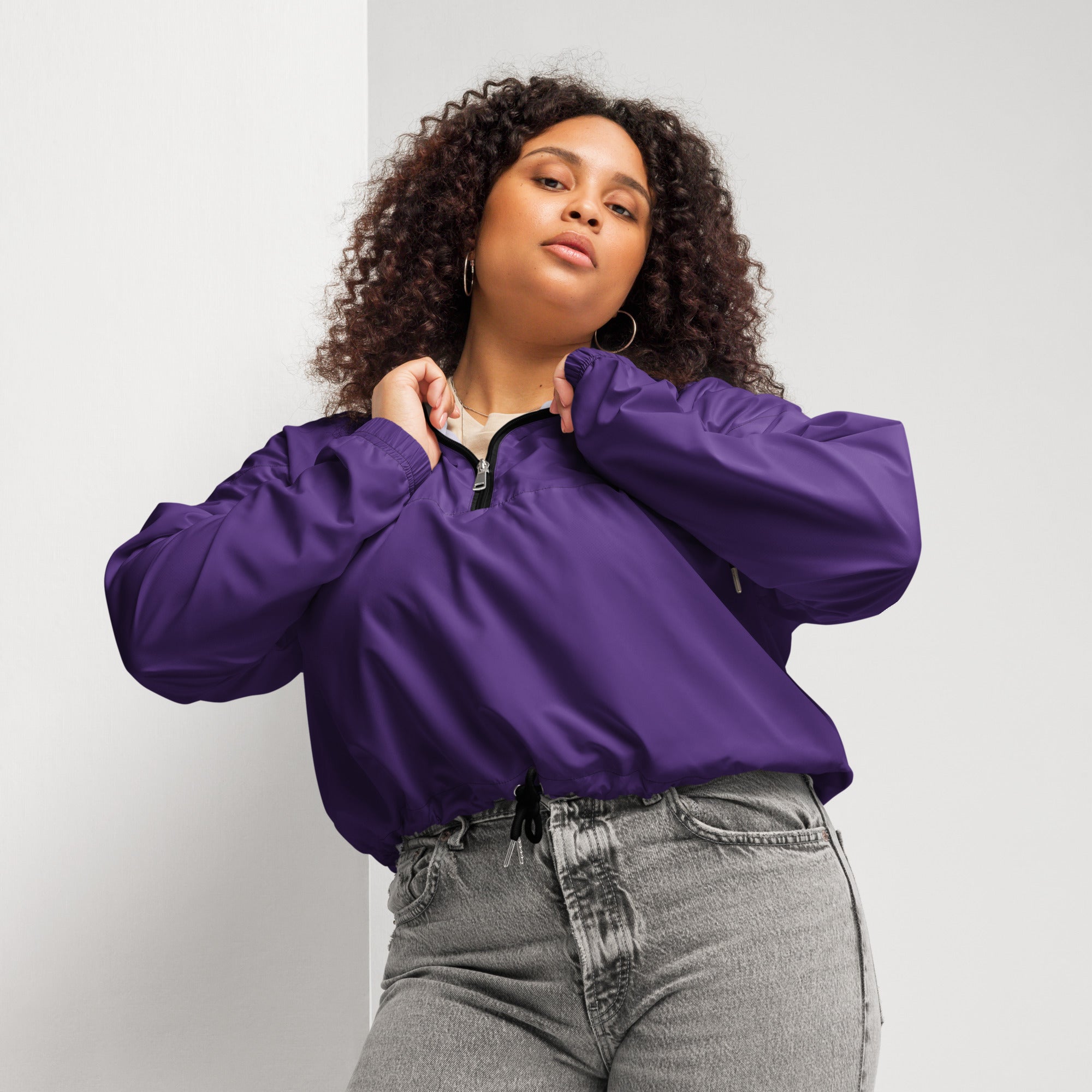 Women’s dark purple cropped satin bomber jacket with black zipper and drawstring hem lightweight and water resistant