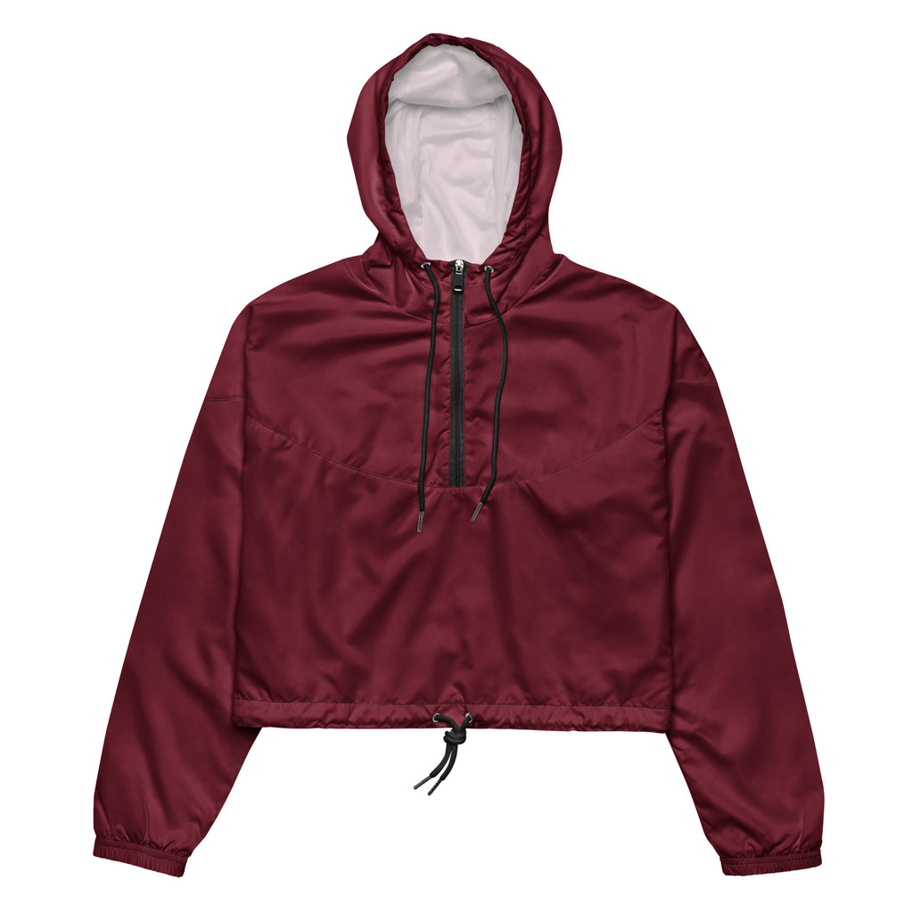 Women’s burgundy satin-like cropped hoodie with white-lined hood and black zipper lightweight windbreaker jacket