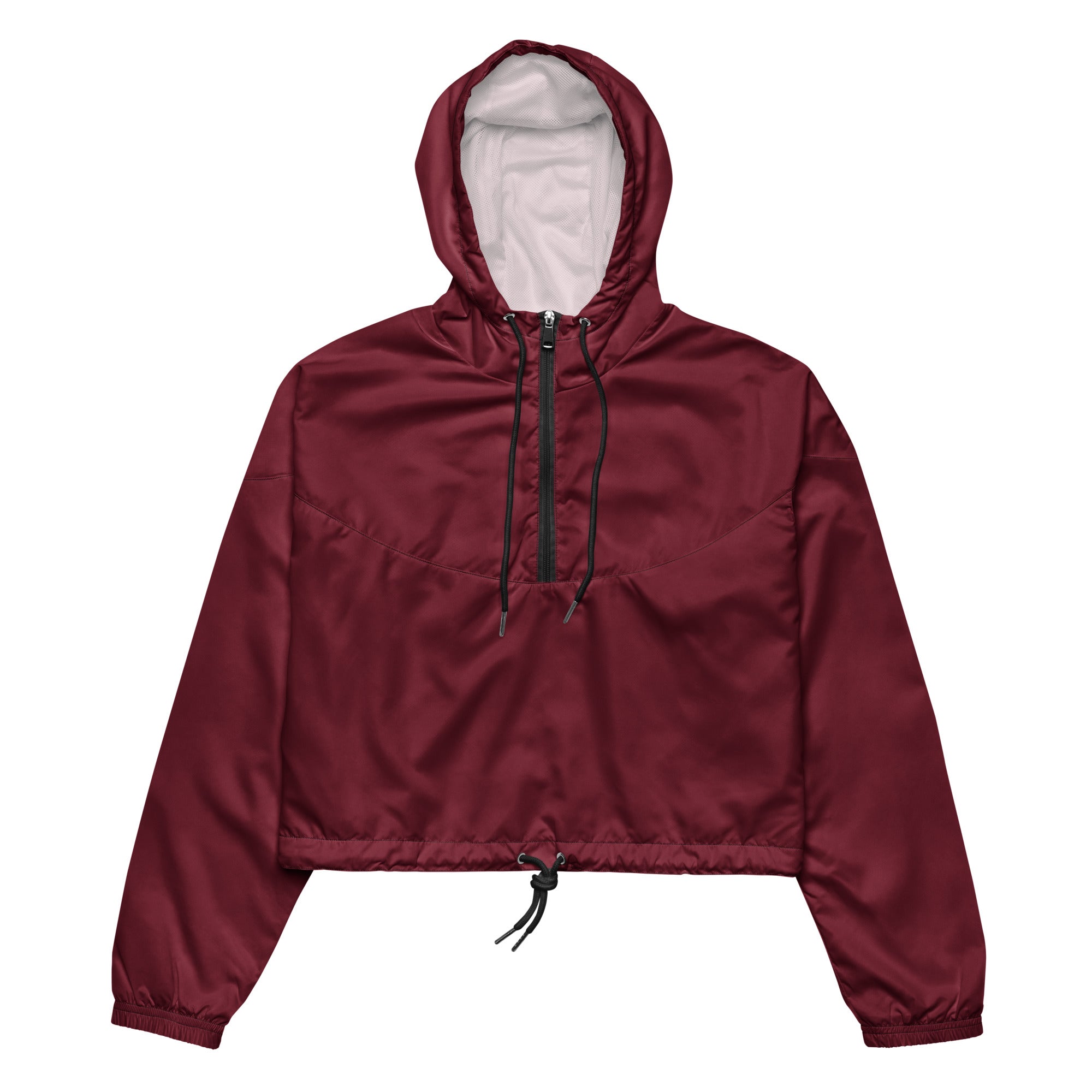 Women’s burgundy satin-like cropped hoodie with white-lined hood and black zipper lightweight windbreaker jacket