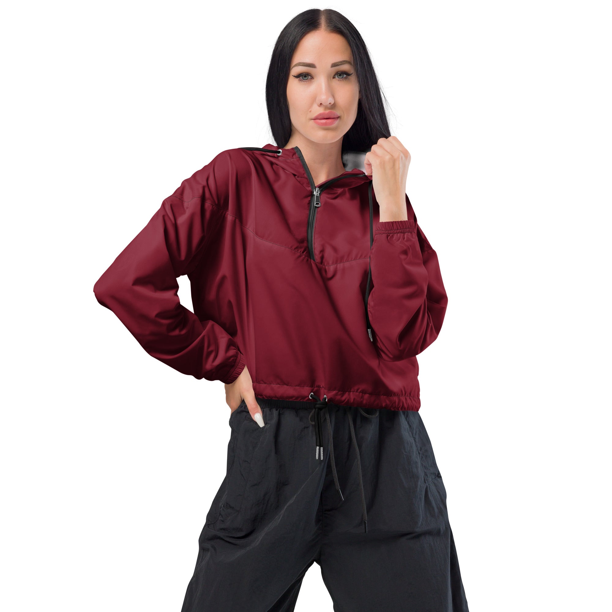 Women’s burgundy nylon zip-up hoodie with black zipper and drawstring hem lightweight water resistant jacket