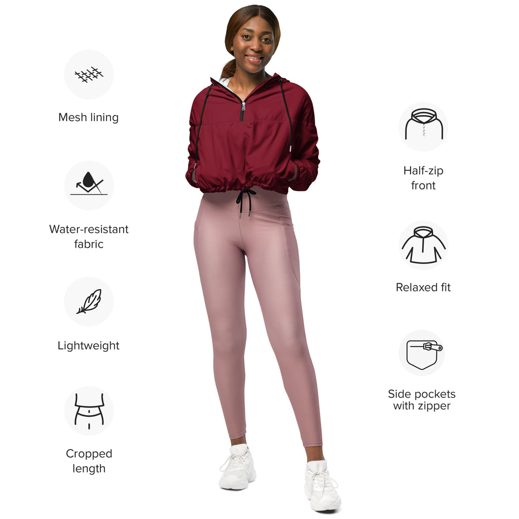 Women’s burgundy cropped windbreaker with adjustable hood mesh lining and water resistant lightweight fabric
