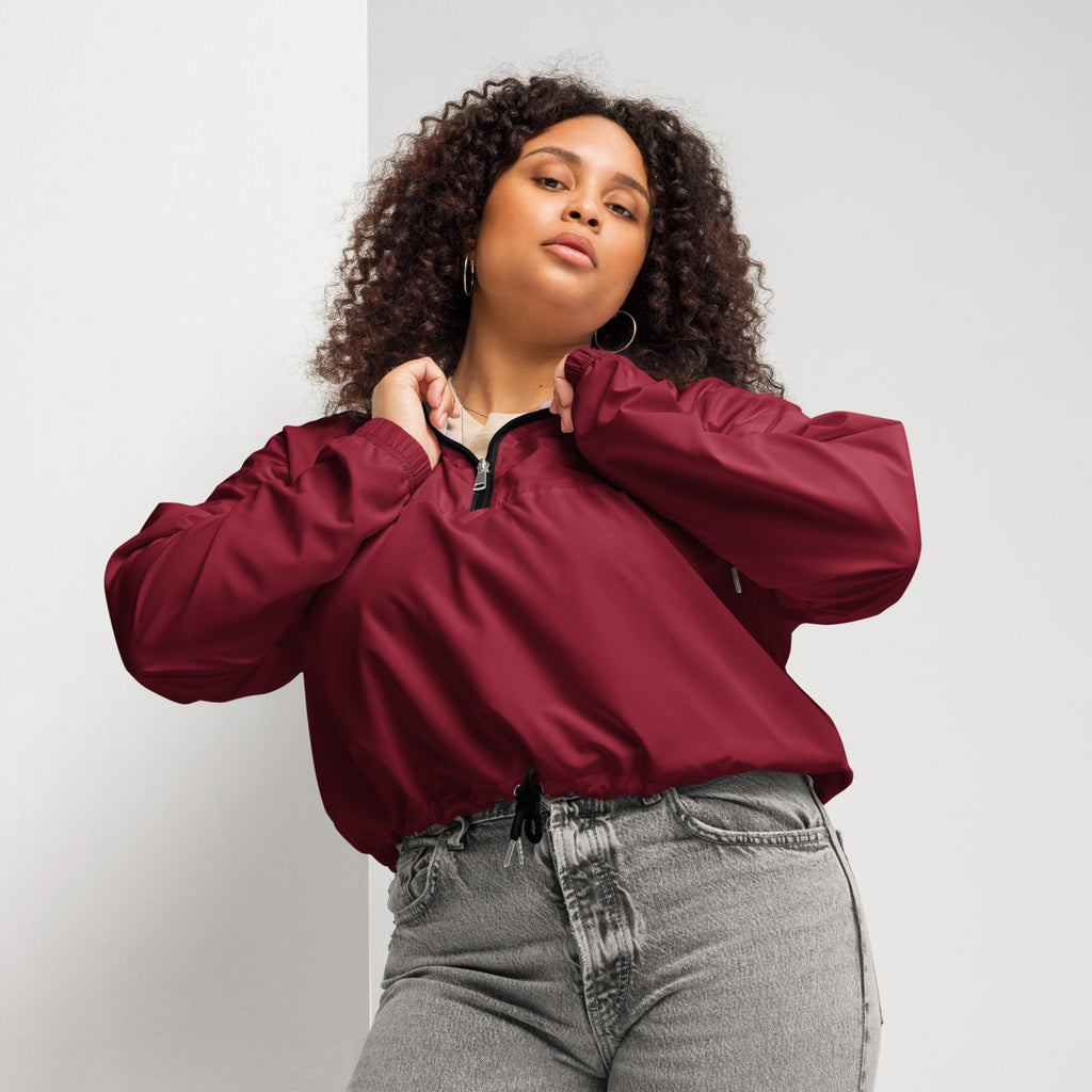 Women’s burgundy cropped nylon bomber jacket with black zipper and drawstring hem lightweight and water resistant